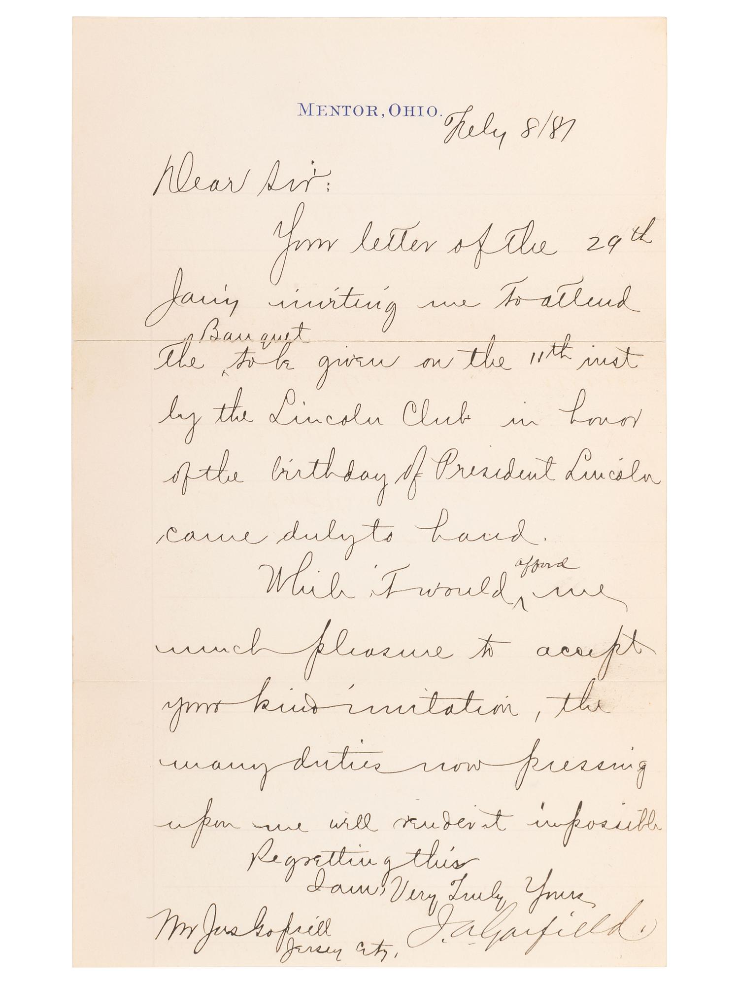 GARFIELD, James A. (1831-1881). Letter signed ("J.A. Garfield"), to James Gopsill (1823-1884). Mentor, OH, 8 February 1881.