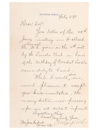GARFIELD, James A. (1831-1881). Letter signed ("J.A. Garfield"), to James Gopsill (1823-1884). Mentor, OH, 8 February 1881.