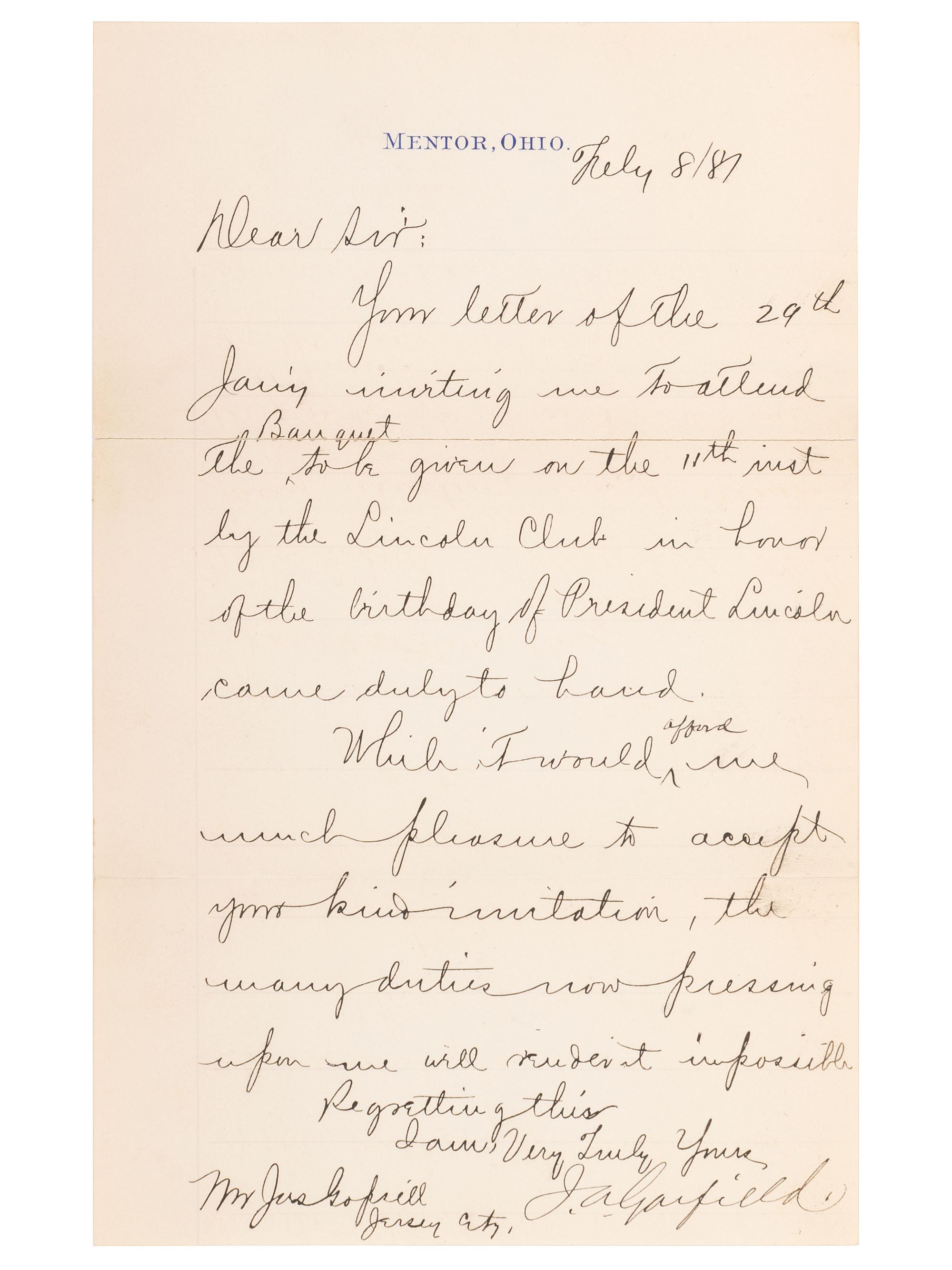 GARFIELD, James A. (1831-1881). Letter signed ("J.A. Garfield"), to James Gopsill (1823-1884). Mentor, OH, 8 February 1881.