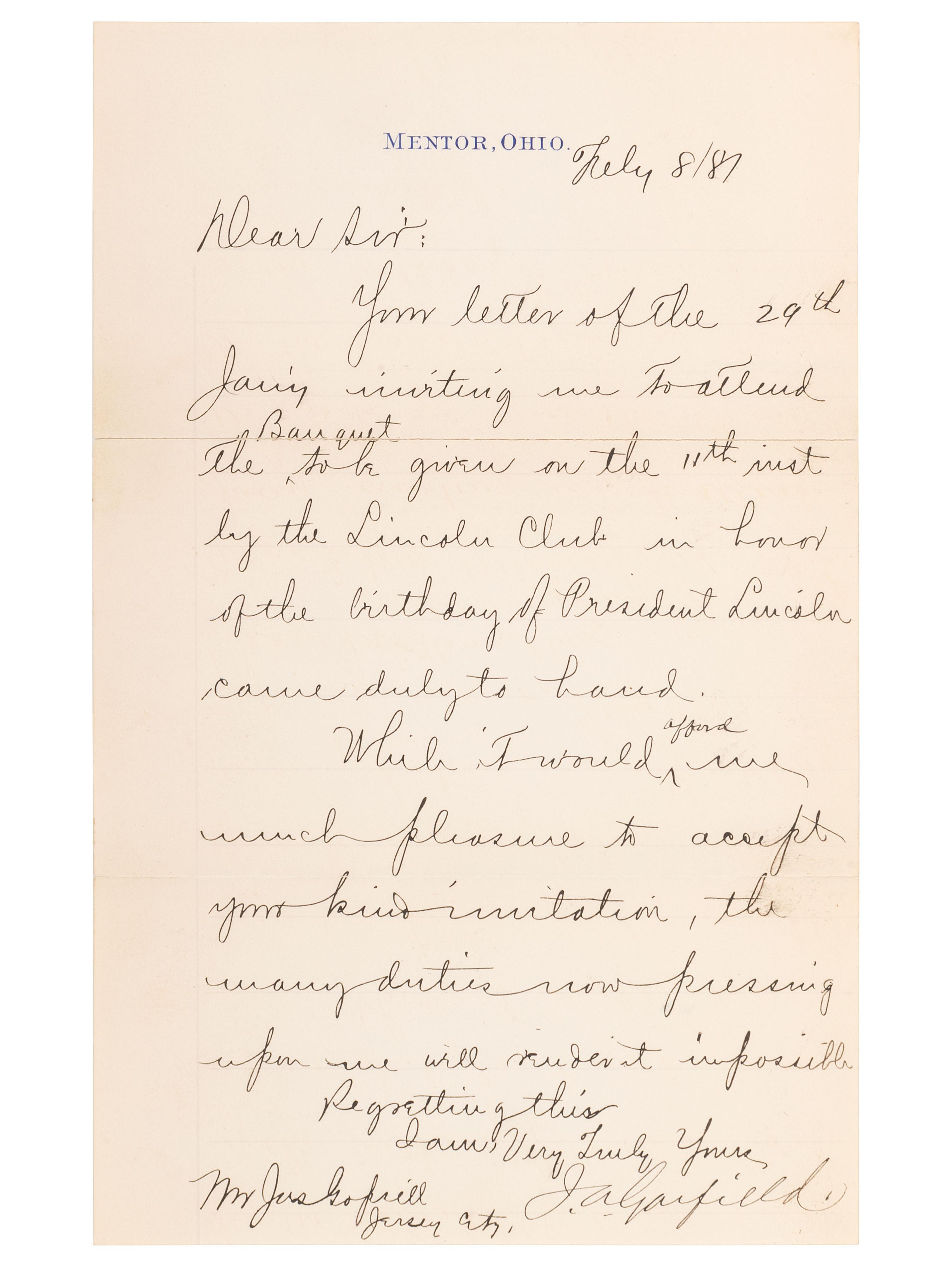GARFIELD, James A. (1831-1881). Letter signed ("J.A. Garfield"), to James Gopsill (1823-1884). Mentor, OH, 8 February 1881.