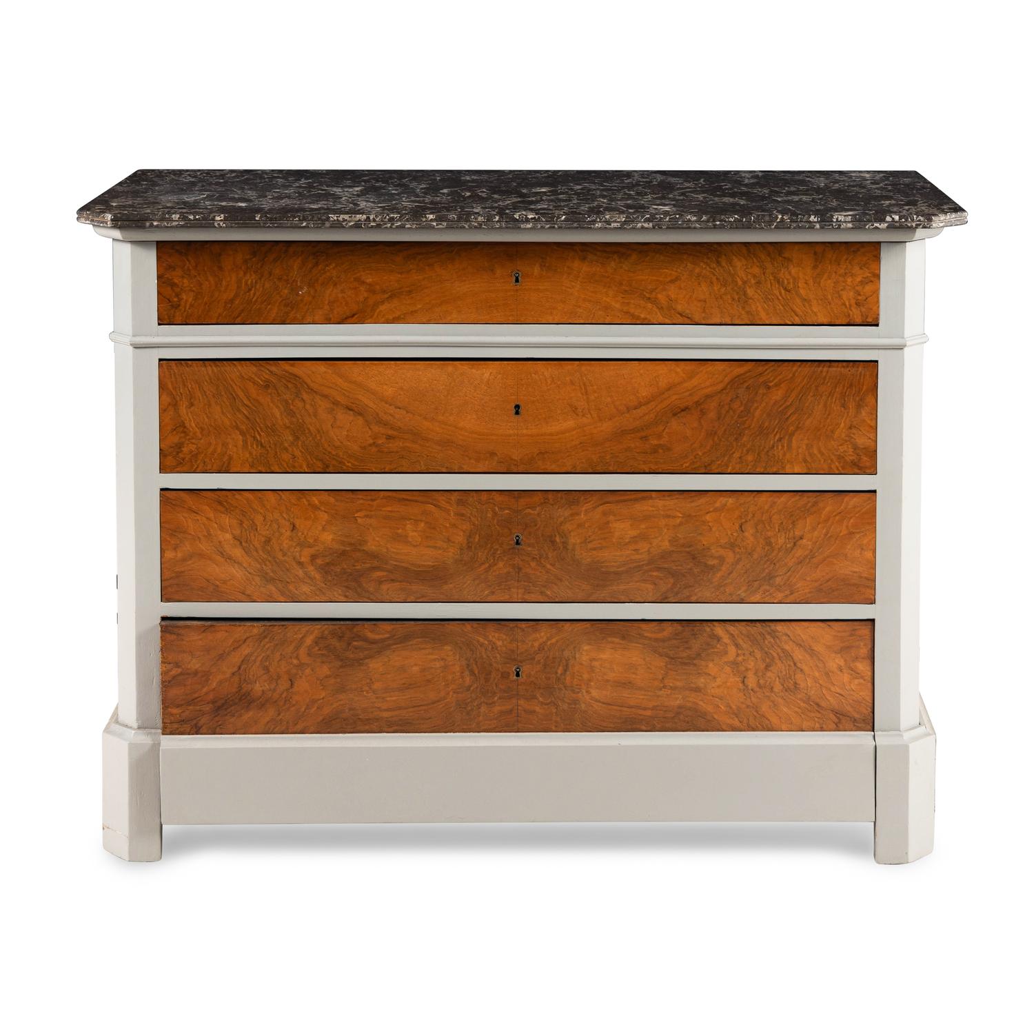 A Louis Philippe Walnut and Gray-Painted Marble-Top Commode