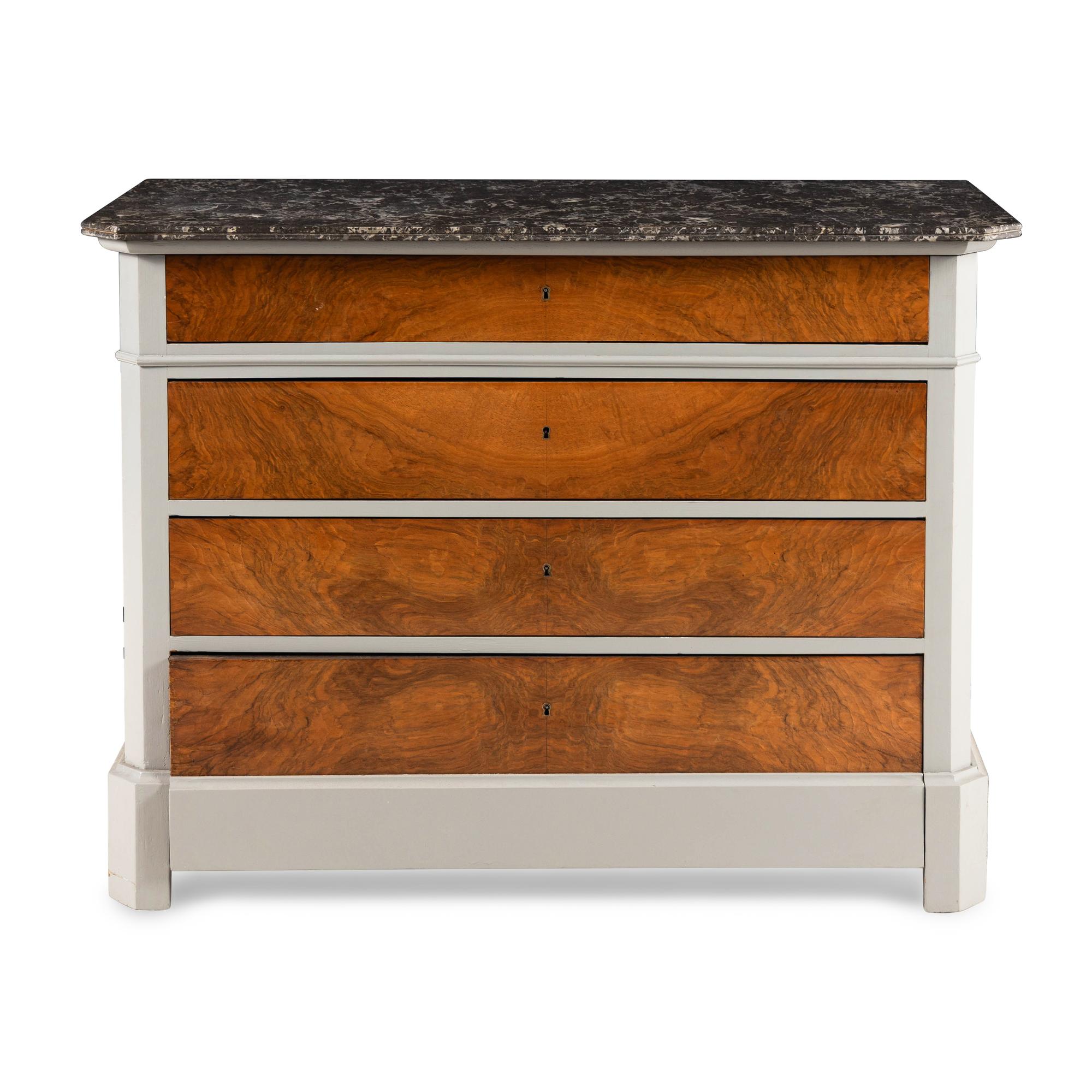 A Louis Philippe Walnut and Gray-Painted Marble-Top Commode