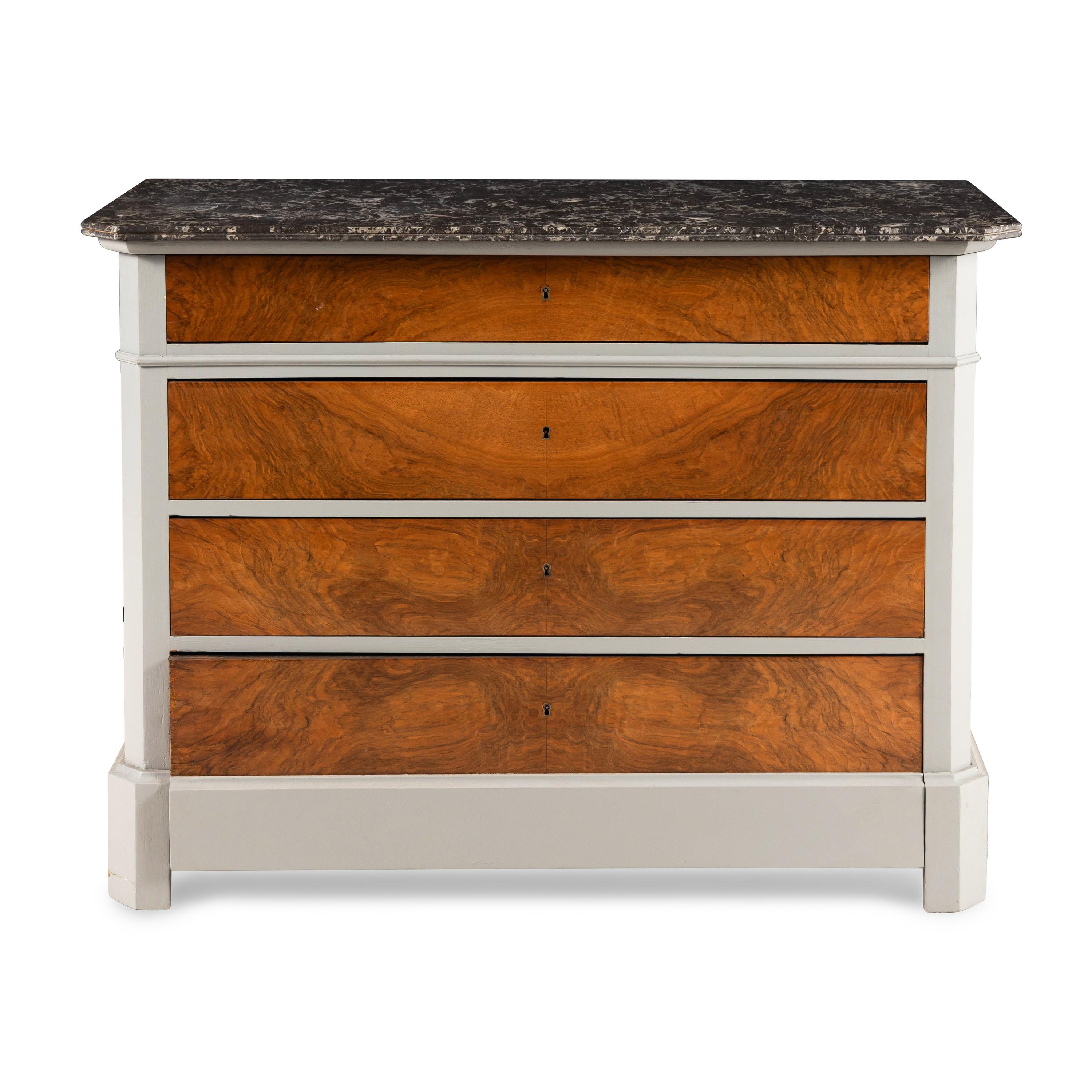 A Louis Philippe Walnut and Gray-Painted Marble-Top Commode