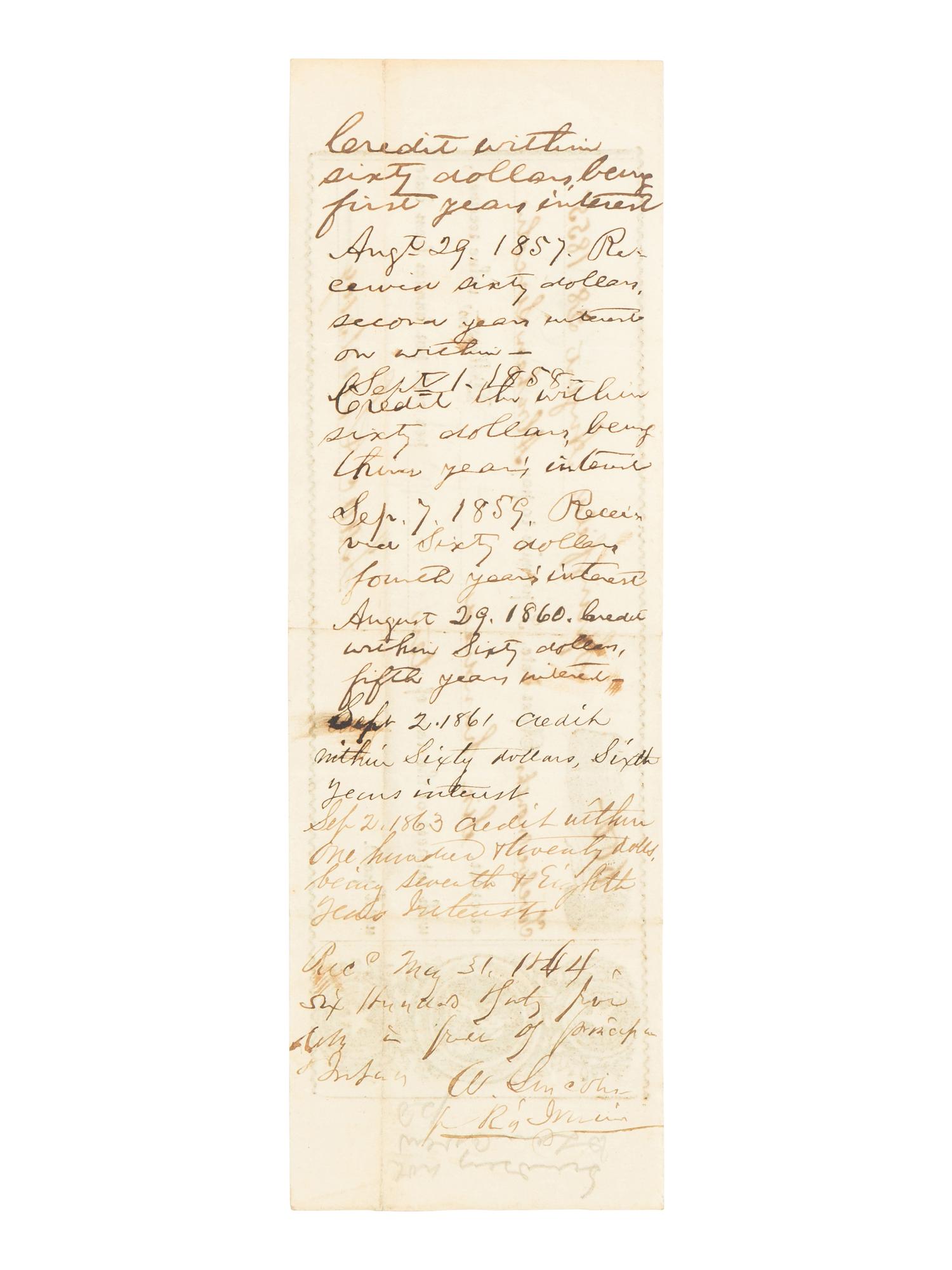 [LINCOLN, Abraham (1809-1865)]. Partially printed promissory note. Springfield, Illinois, 28 August 1855.