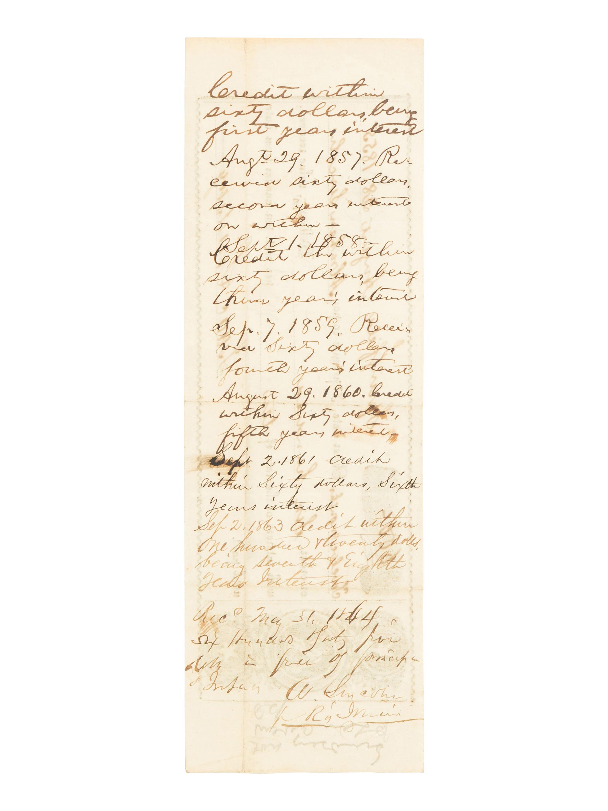 [LINCOLN, Abraham (1809-1865)]. Partially printed promissory note. Springfield, Illinois, 28 August 1855.