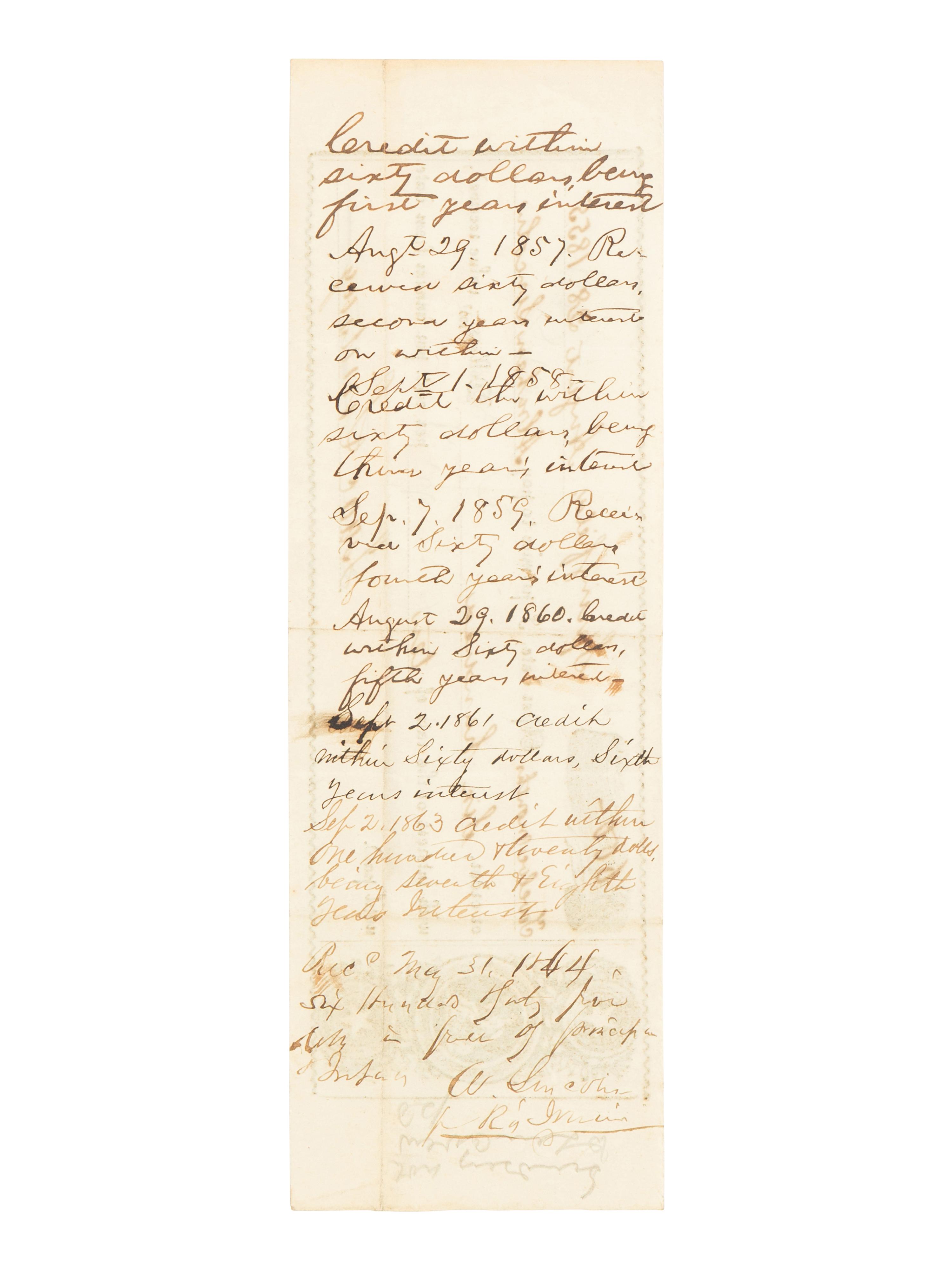 [LINCOLN, Abraham (1809-1865)]. Partially printed promissory note. Springfield, Illinois, 28 August 1855.
