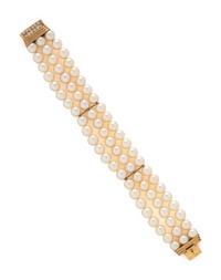 CULTURED PEARL, DIAMOND, AND YELLOW GOLD MULTISTRAND BRACELET