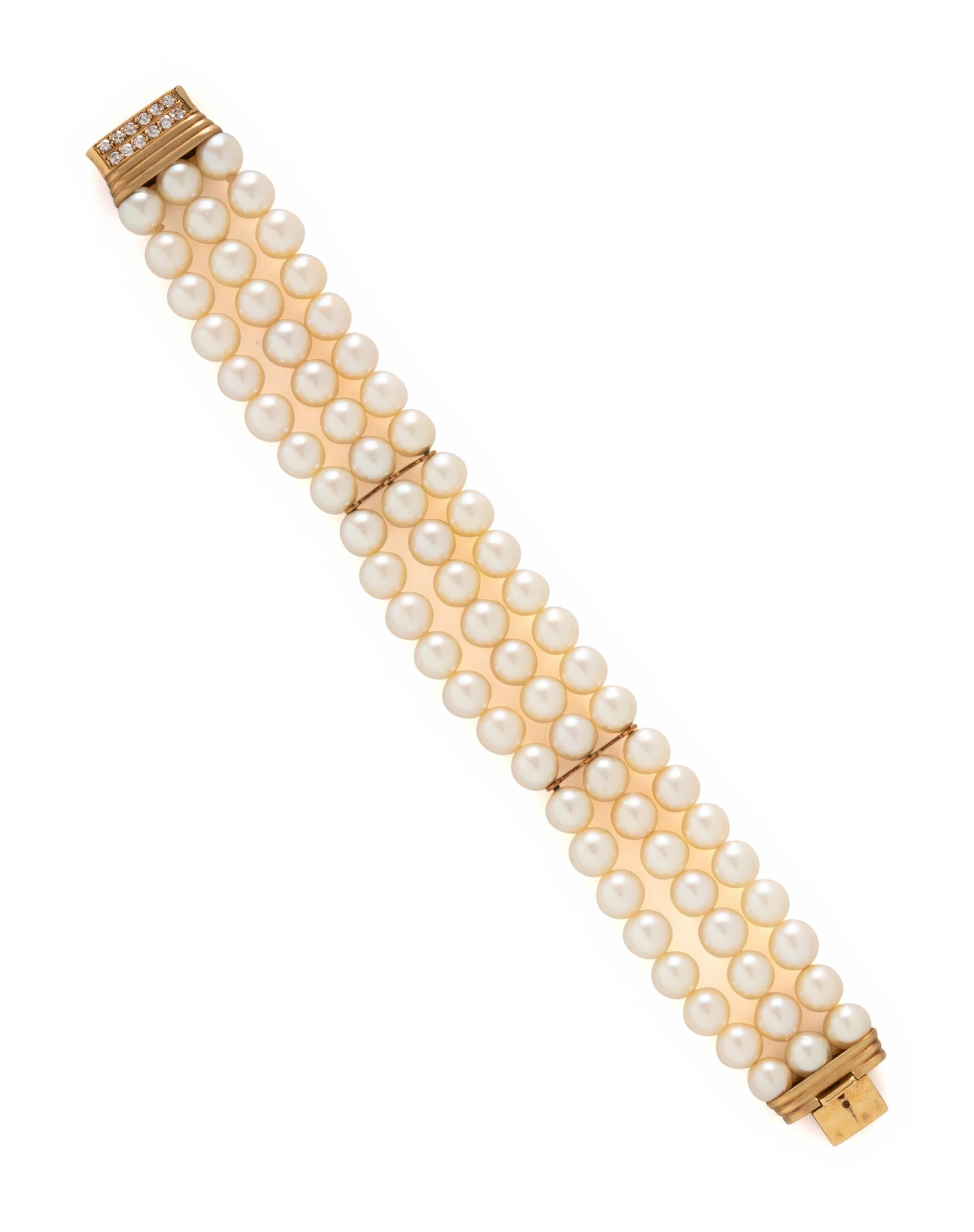 CULTURED PEARL, DIAMOND, AND YELLOW GOLD MULTISTRAND BRACELET