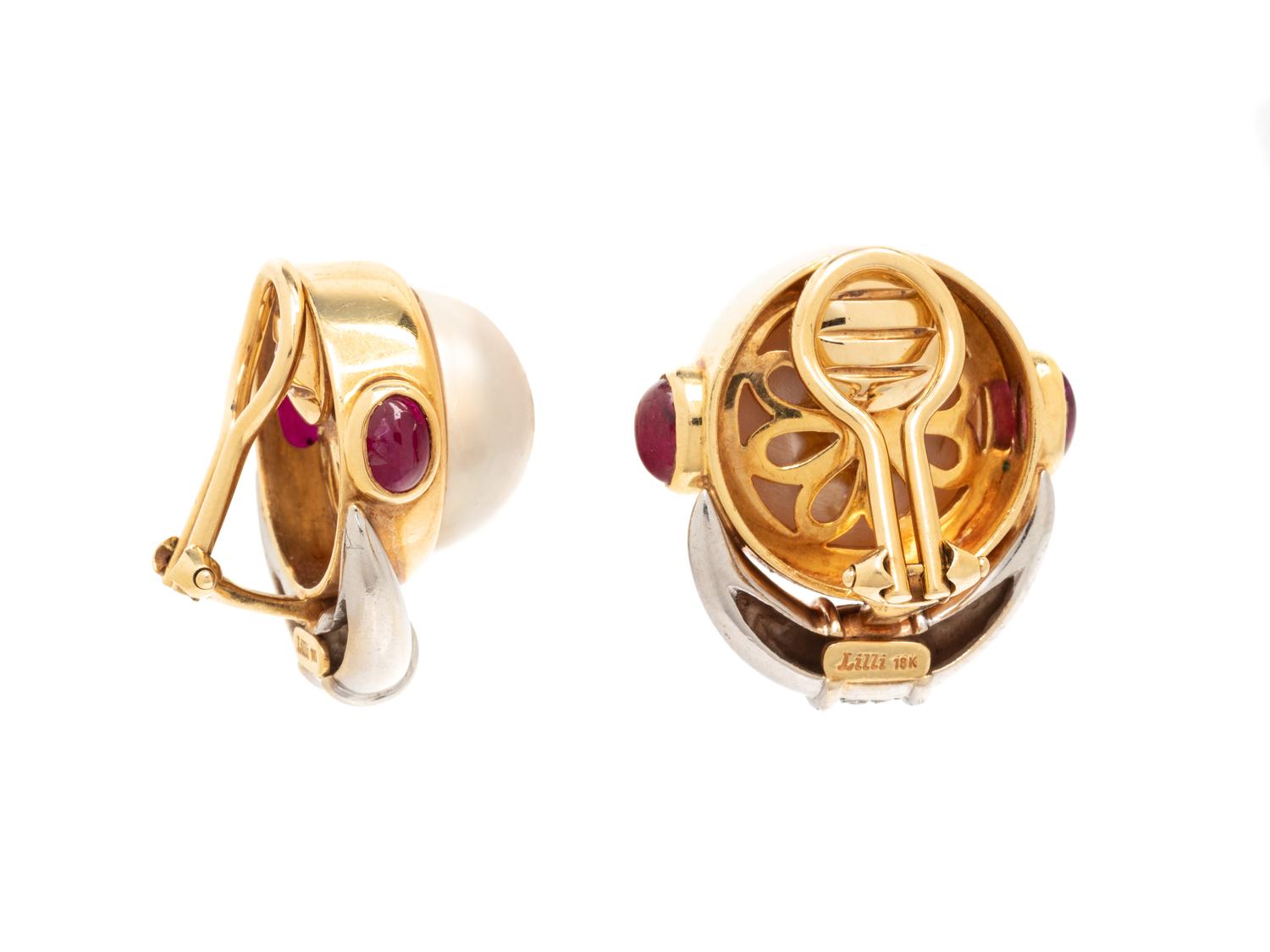 LILLI, BICOLOR GOLD, CULTURED MABE PEARL AND RUBY EARRINGS