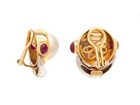 LILLI, BICOLOR GOLD, CULTURED MABE PEARL AND RUBY EARRINGS