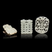 Three Chinese White Jade 'Character' Pendants, 19th Century — 清晚期 白玉喜福壽牌三種