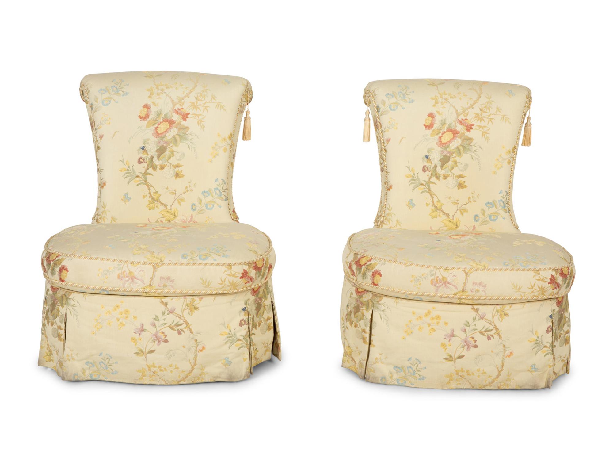 A Pair of Slipper Chairs with Scalamandré Meissen Magnolia Silk Lampas Pattern Upholstery
