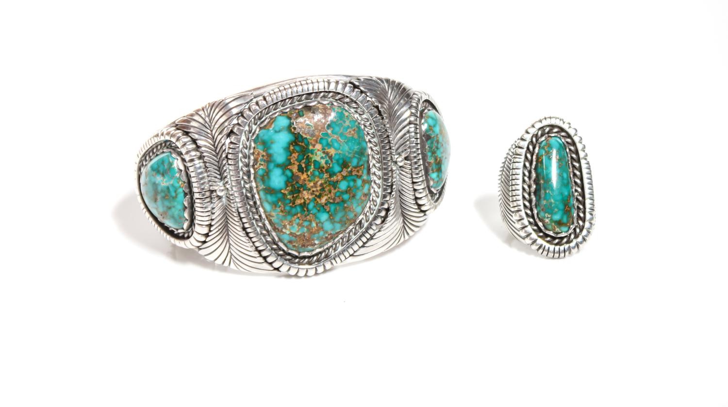 Navajo Silver and Turquoise Cuff Bracelet and Ring, Lee Yazzie (b. 1946) Length 5 x opening 1 1/8 x width 1 3/4 inches