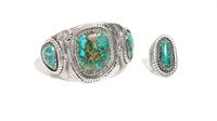 Navajo Silver and Turquoise Cuff Bracelet and Ring, Lee Yazzie (b. 1946) Length 5 x opening 1 1/8 x width 1 3/4 inches