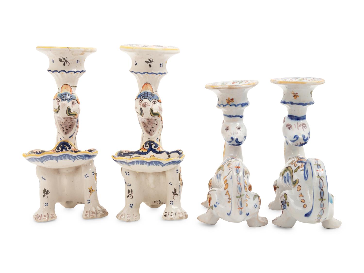 Two Pairs of French Faience 'Dragon' Candlesticks