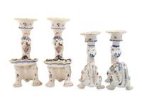 Two Pairs of French Faience 'Dragon' Candlesticks