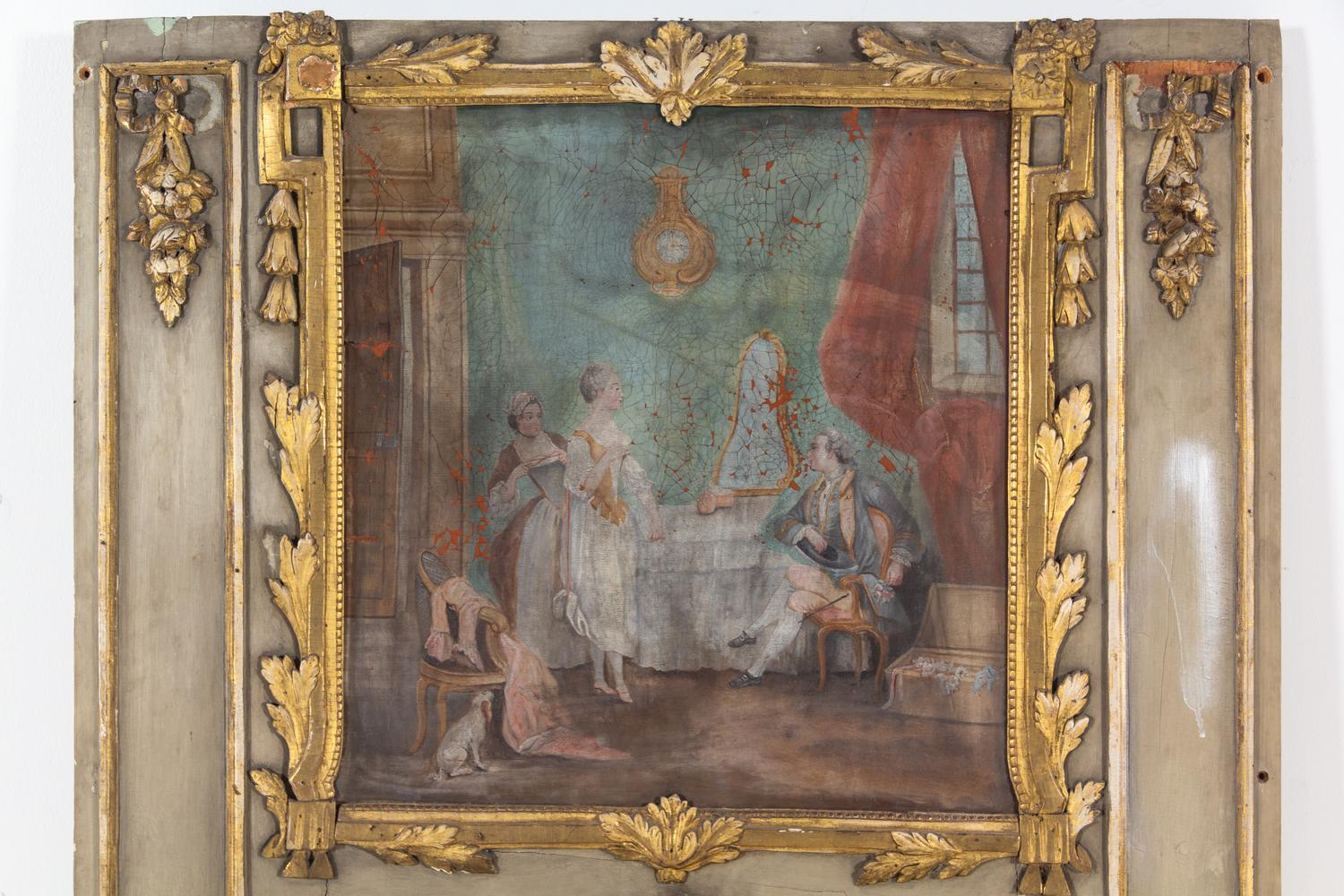 A Louis XVI Style Painted and Parcel Gilt Trumeau Mirror