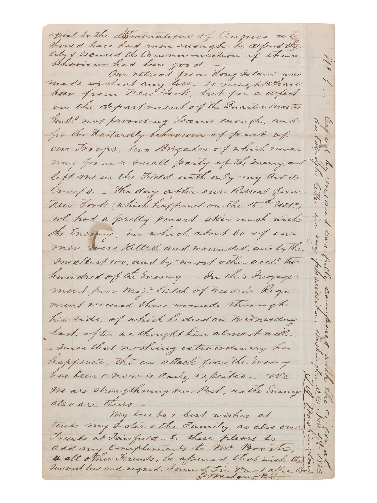 [WASHINGTON, George]. 19th century copy letter re. General Howe, New York retreat, Native American matters.