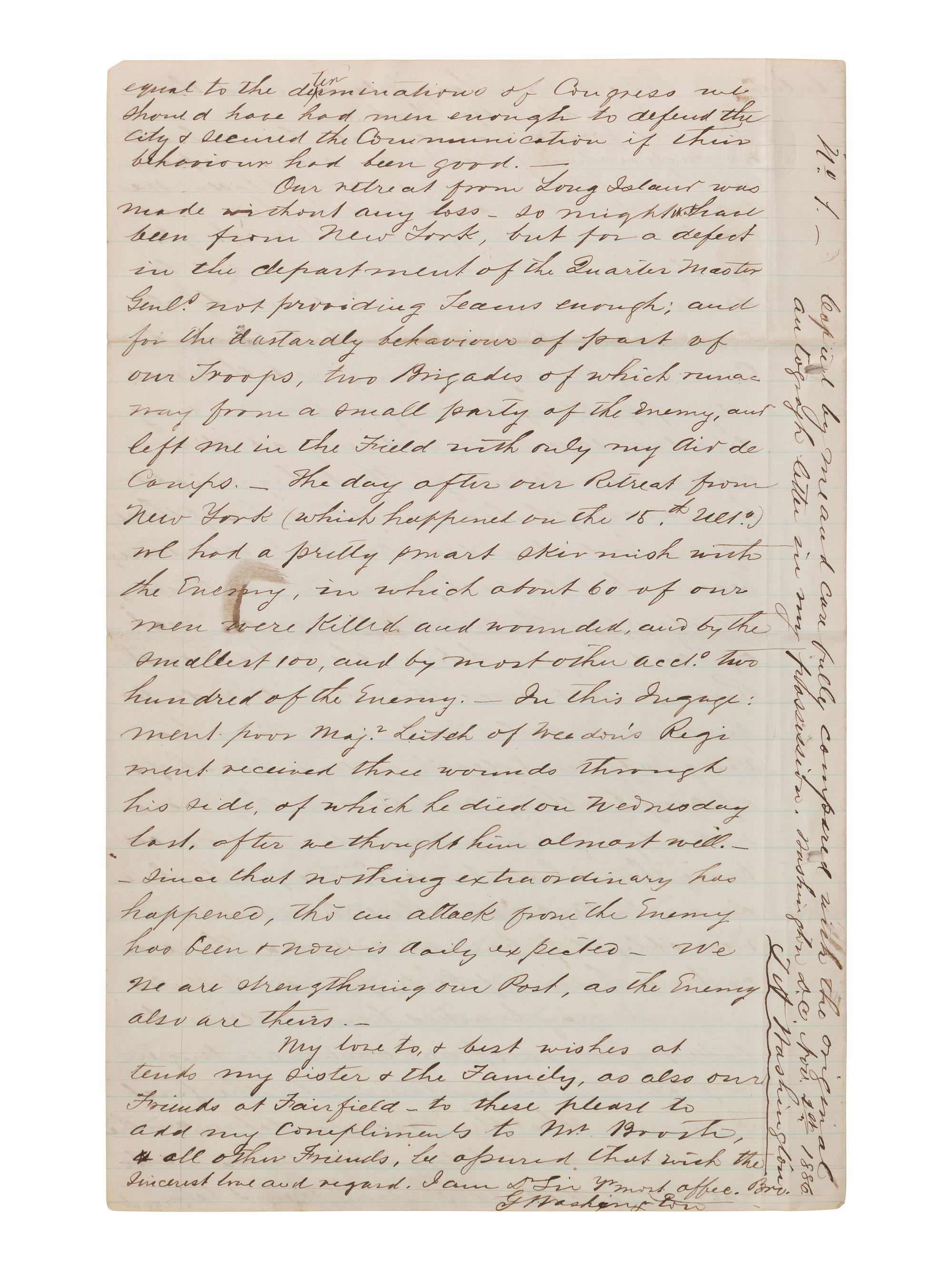 [WASHINGTON, George]. 19th century copy letter re. General Howe, New York retreat, Native American matters.