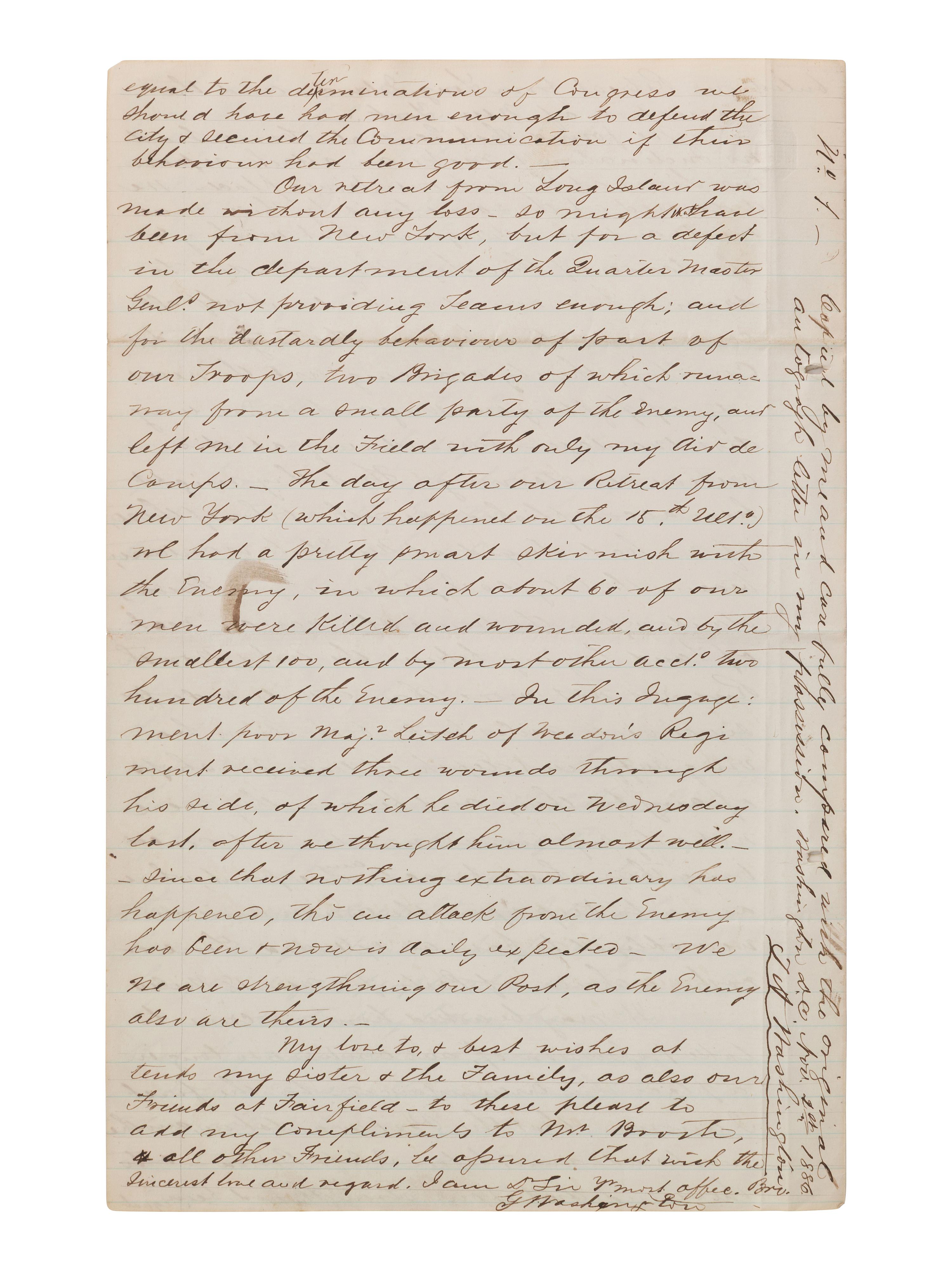 [WASHINGTON, George]. 19th century copy letter re. General Howe, New York retreat, Native American matters.