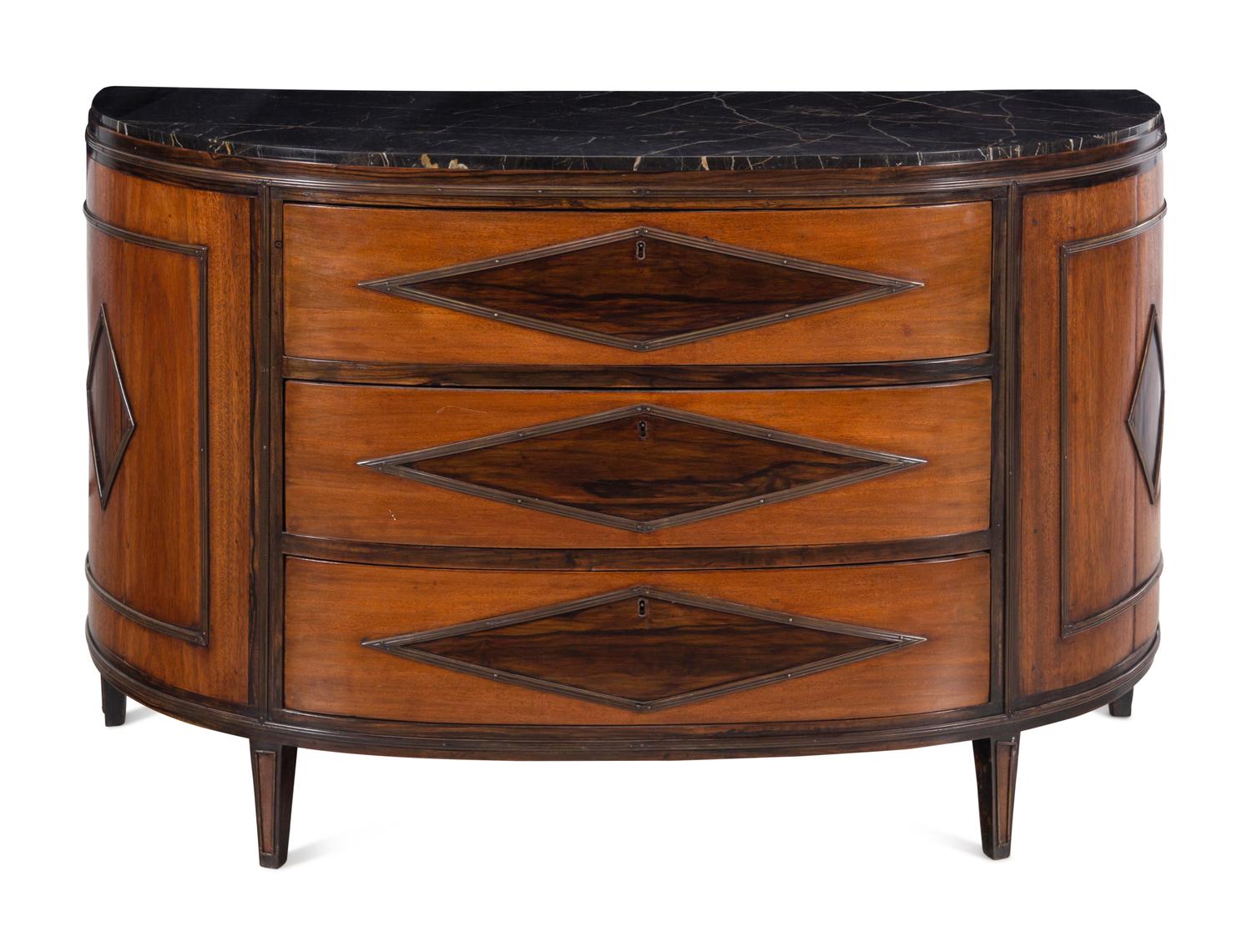 A Continental Mahogany Marble-Top Demilune Commode