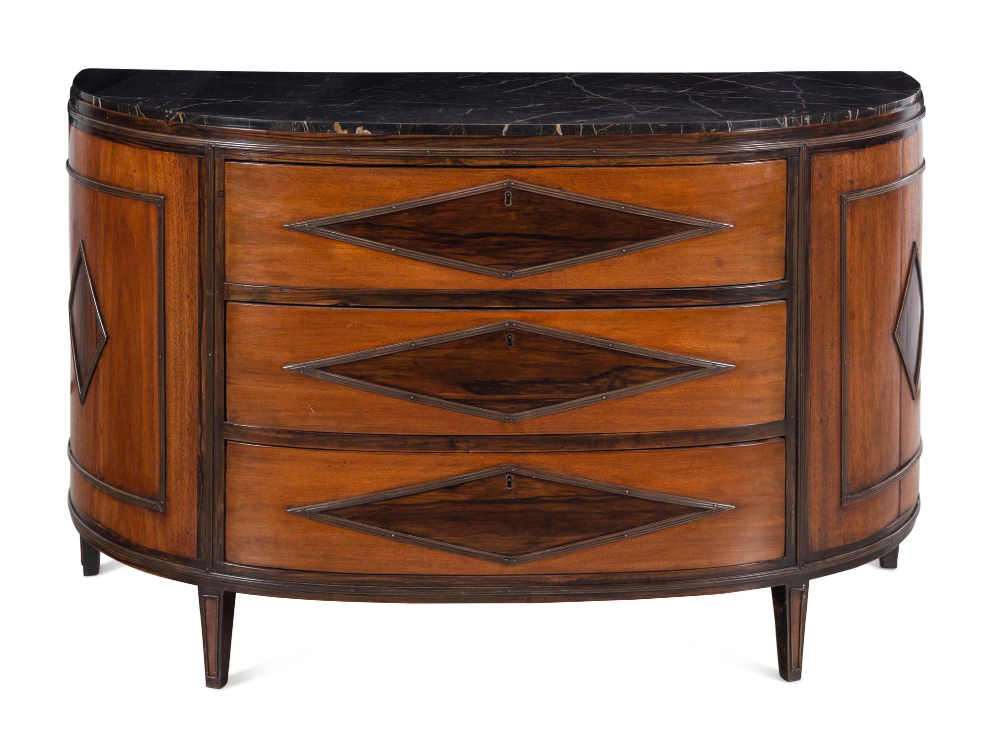 A Continental Mahogany Marble-Top Demilune Commode
