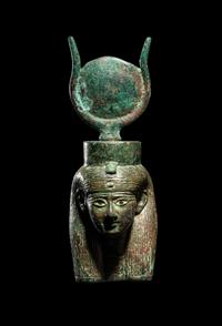 An Egyptian Bronze Bust of Hathor with Bone Inlay