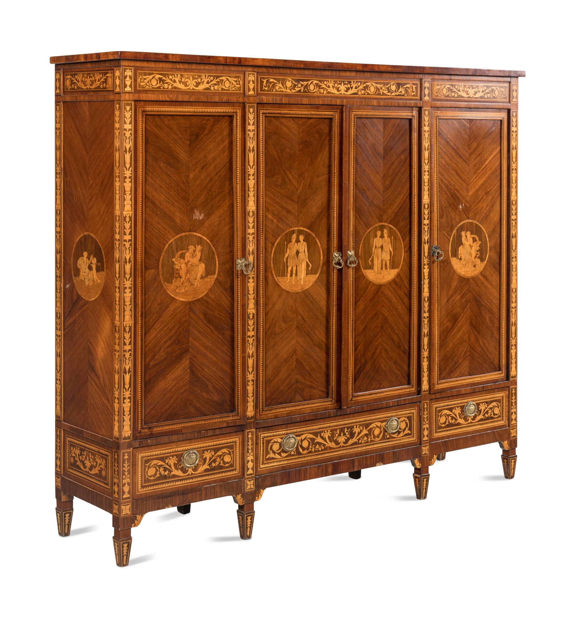 An Italian Neoclassical Style Bookmatch Veneered and Marquetry Cabinet
