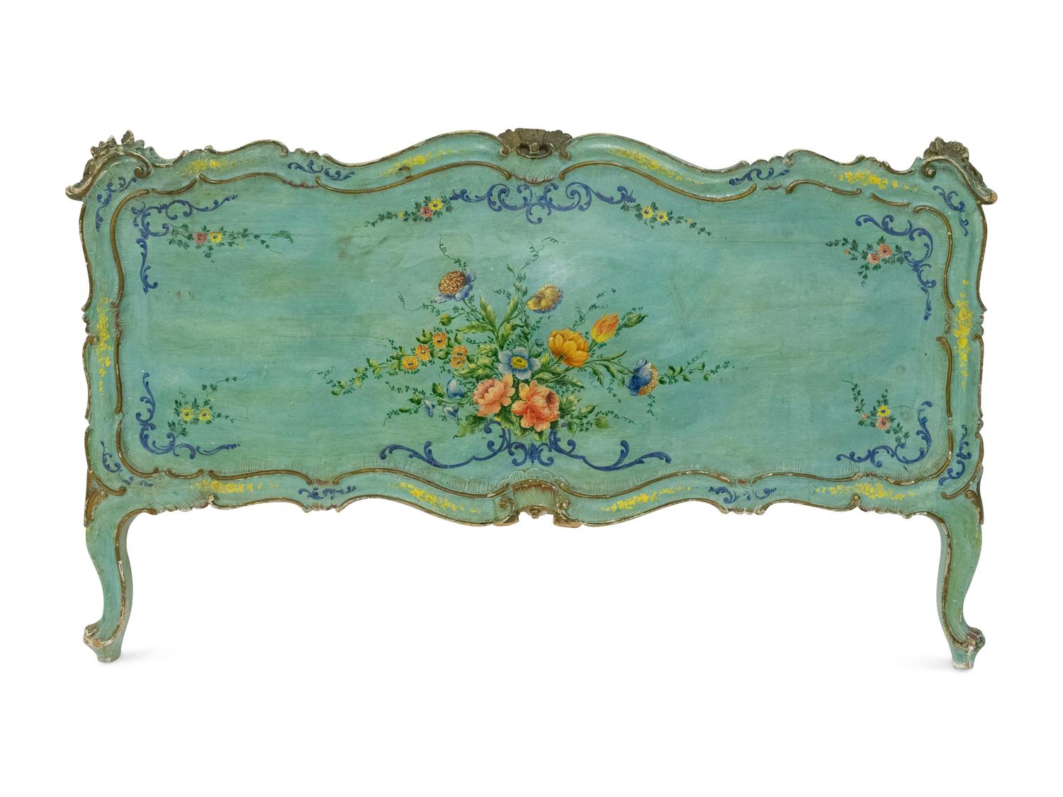 A Louis XV Painted and Parcel Gilt Carved Pine Bed