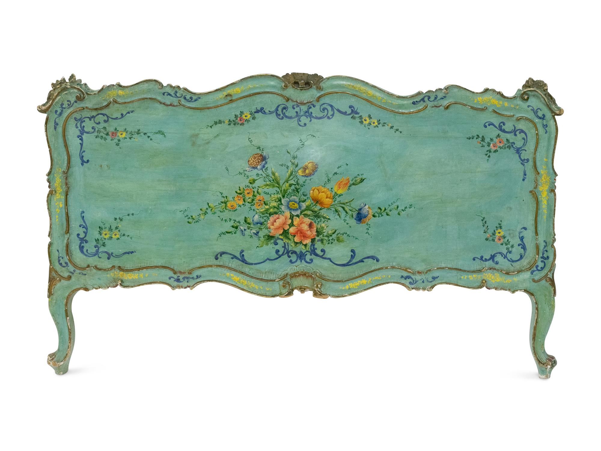 A Louis XV Painted and Parcel Gilt Carved Pine Bed