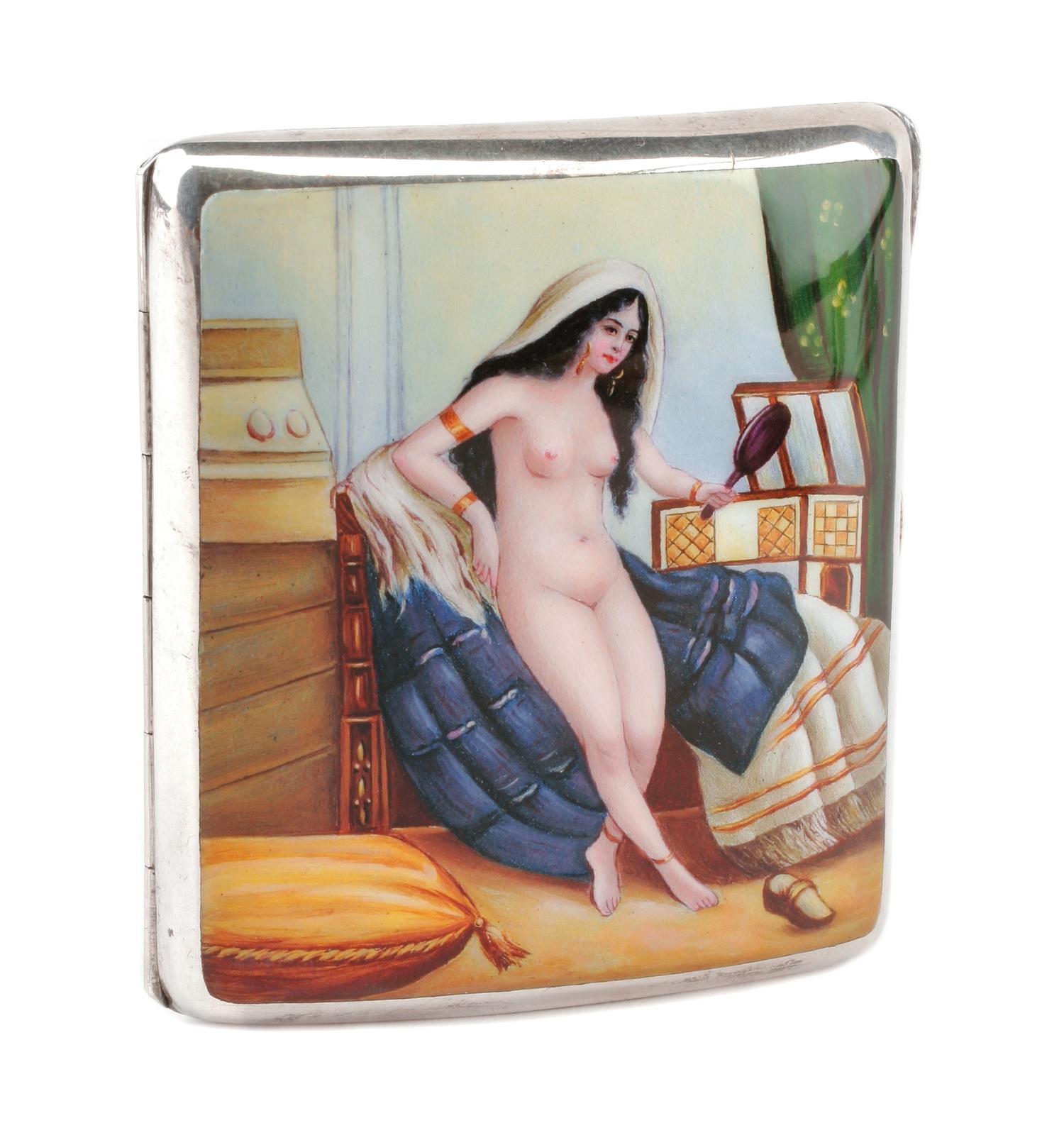 An Enameled Silver Cigarette Case, Likely American, Late 19th/Early 20th Century, the lid enameled to show an Orientalist nude figure i