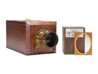 [CAMERAS]. Replica chamfered box half plate daguerreotype camera with original Dallmyer lens.