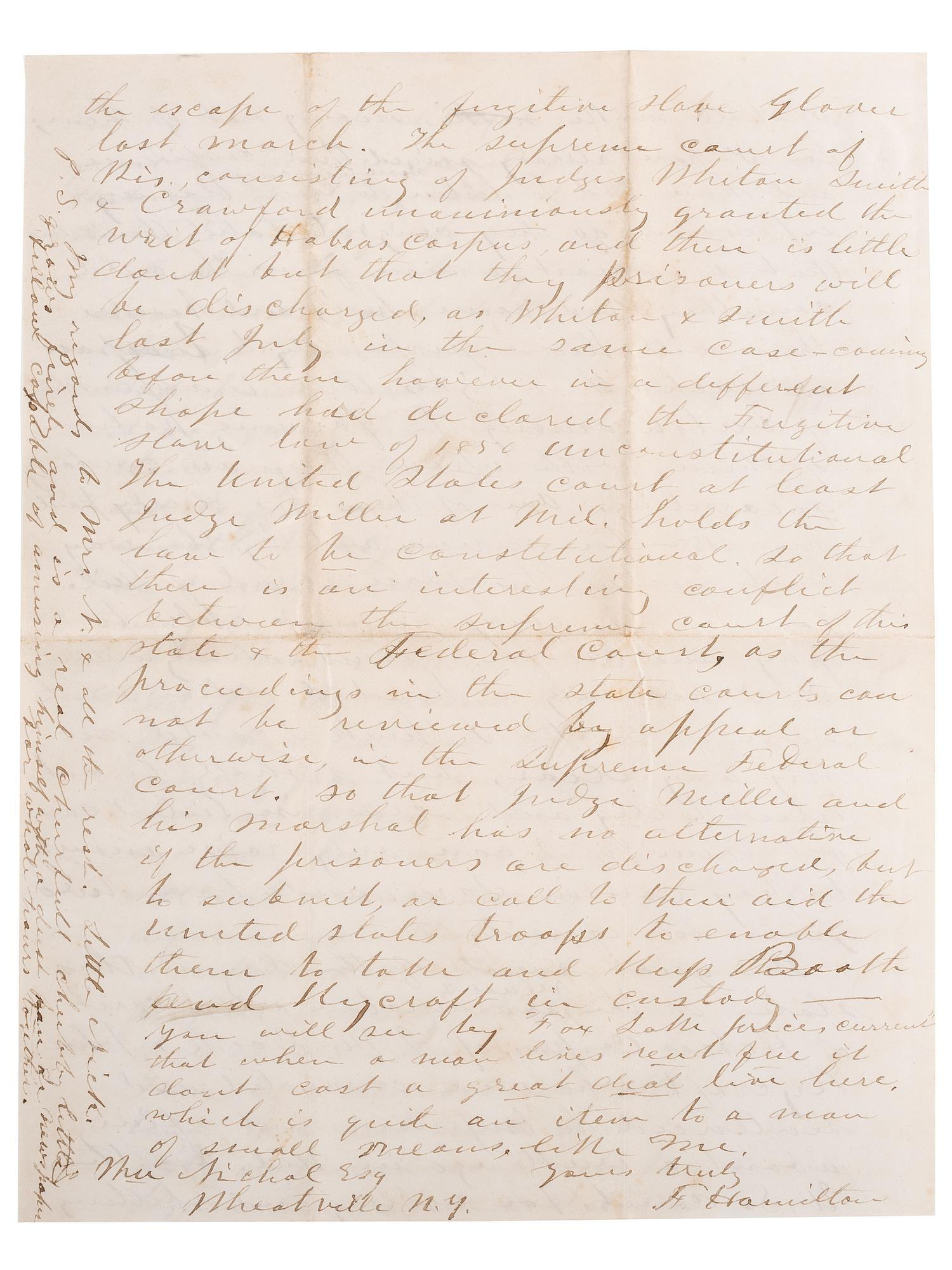 [SLAVERY & ABOLITION]. Letter from attorney with description of events surrounding the Booth and Rycraft cases, a significant legal battle related to the enforcement of the Fugitive Slave Law in Wisconsin. Fox Lake [Wisconsin], 1 February 1855.