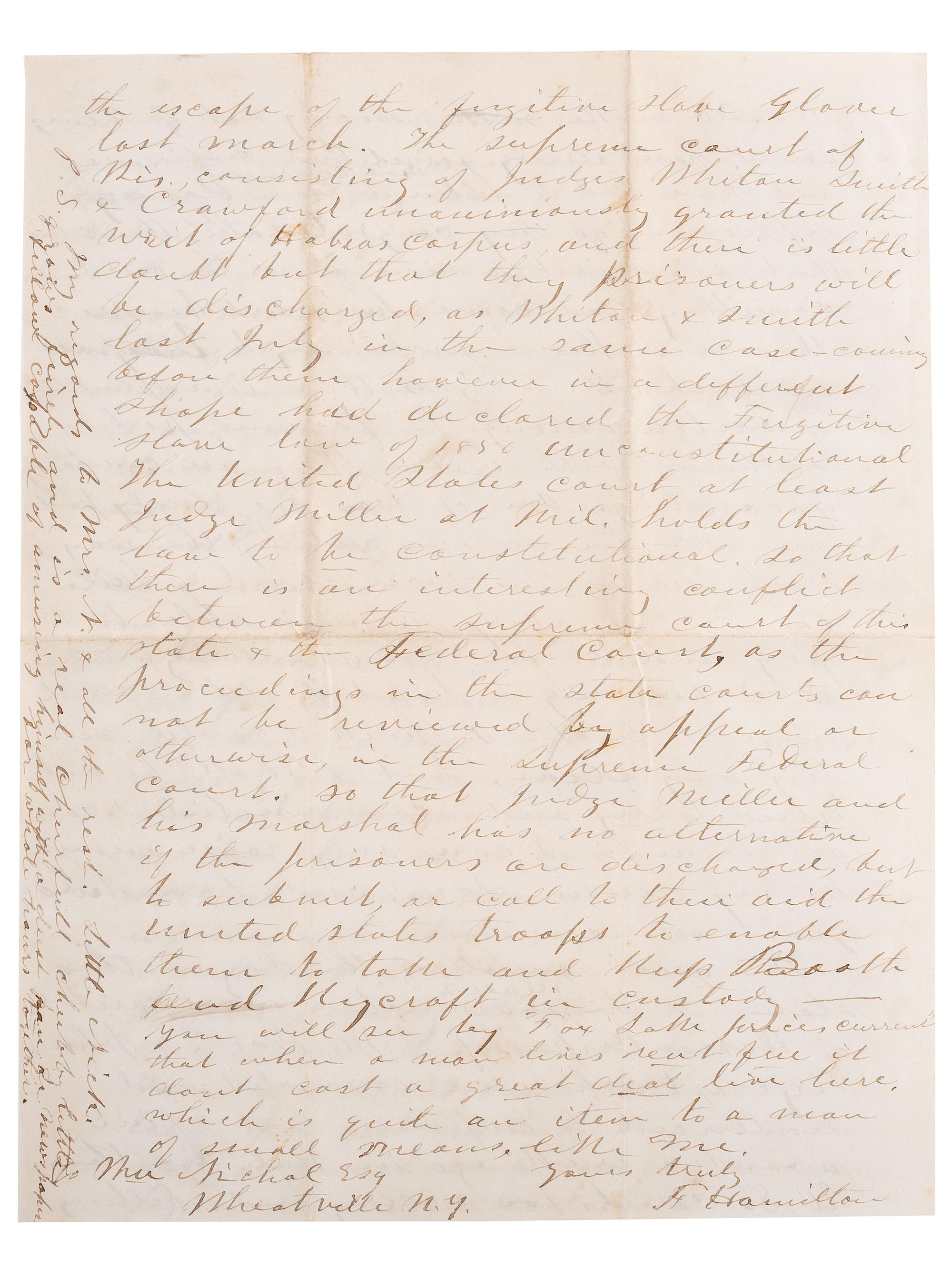 [SLAVERY & ABOLITION]. Letter from attorney with description of events surrounding the Booth and Rycraft cases, a significant legal battle related to the enforcement of the Fugitive Slave Law in Wisconsin. Fox Lake [Wisconsin], 1 February 1855.