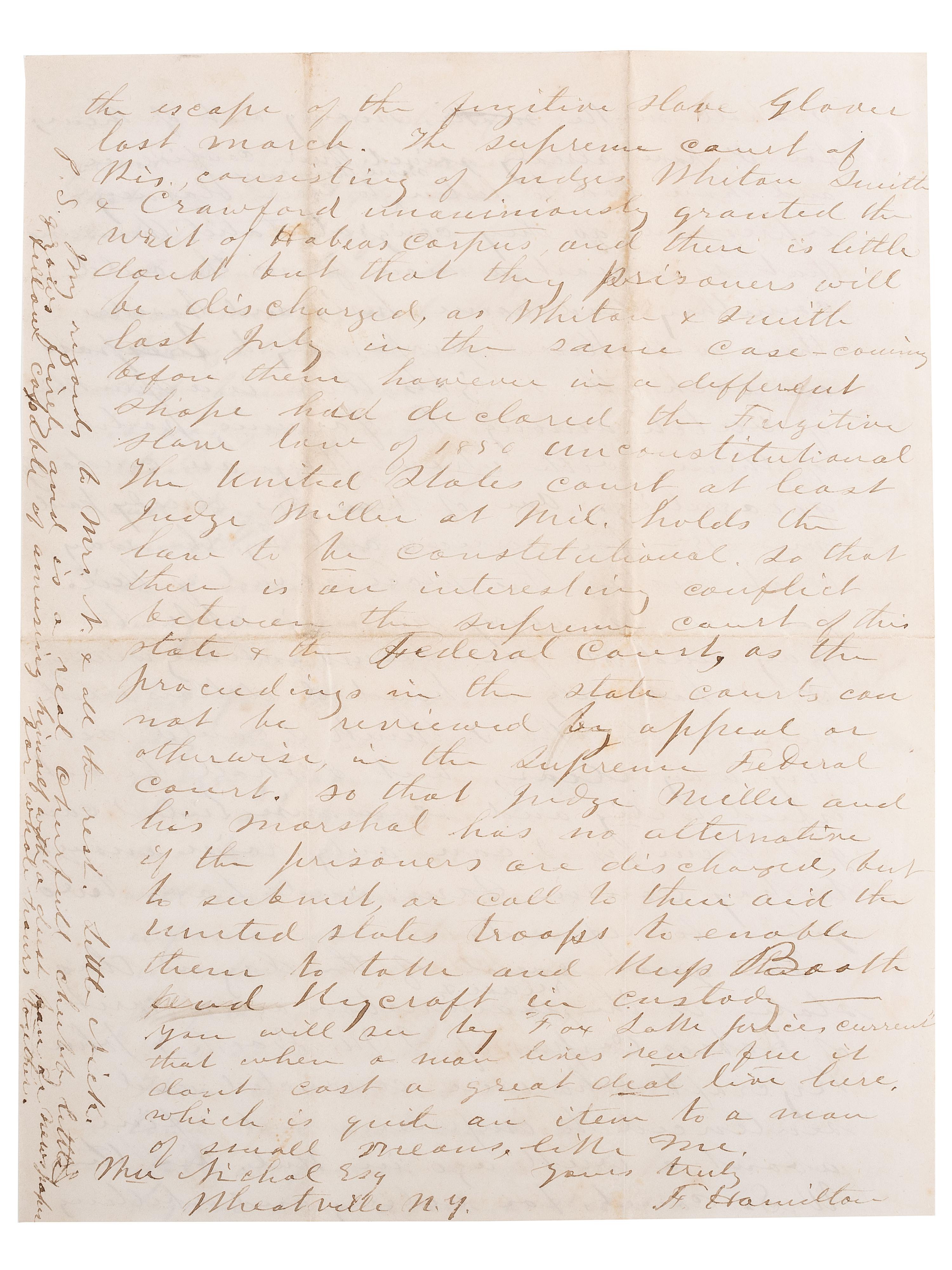 [SLAVERY & ABOLITION]. Letter from attorney with description of events surrounding the Booth and Rycraft cases, a significant legal battle related to the enforcement of the Fugitive Slave Law in Wisconsin. Fox Lake [Wisconsin], 1 February 1855.