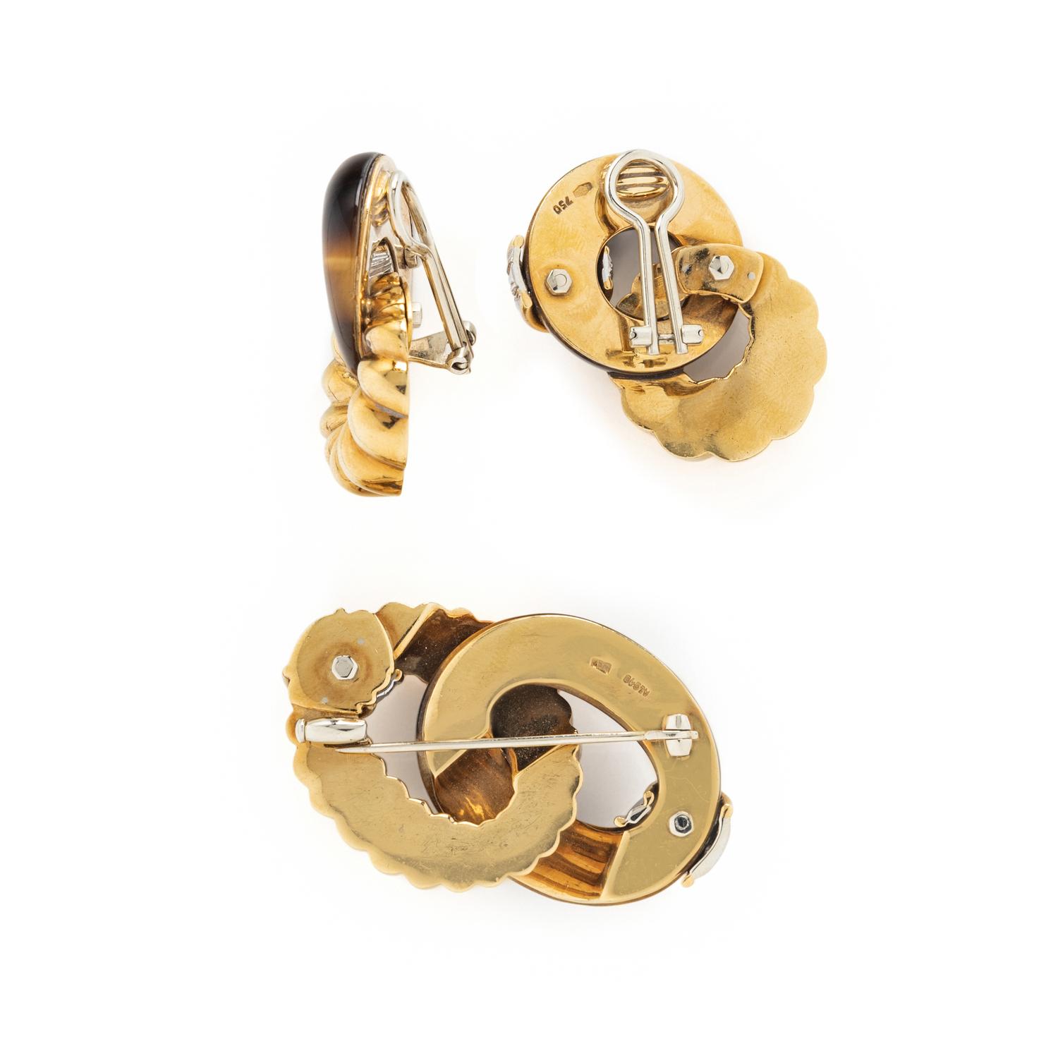 TIGER'S EYE, DIAMOND, AND YELLOW GOLD EARRINGS AND BROOCH