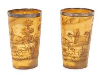 A Pair of Silver Mounted Horn Cups with Engraved Hunt Scenes