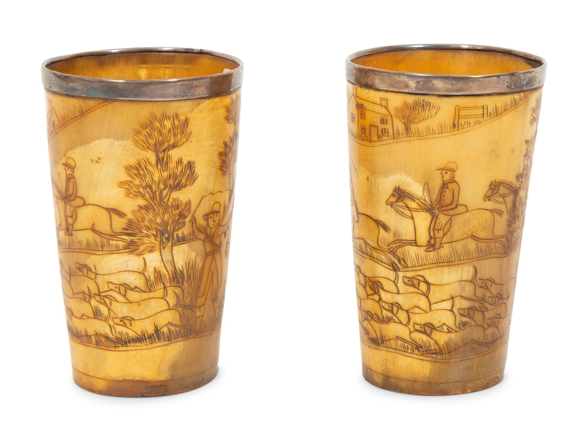 A Pair of Silver Mounted Horn Cups with Engraved Hunt Scenes