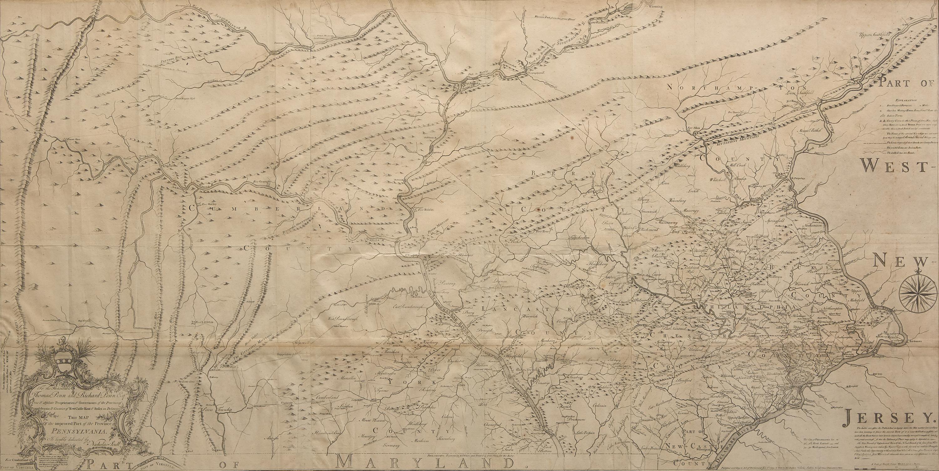 [Maps & Atlases] [Pennsylvania] Scull, Nicholas. To the Honourable Thomas Penn and Richard Penn Esqrs. True & absolute Proprietaries & Governours of the Province of Pennsylvania & Counties of New-Castle Kent & Sussex on Delaware This Map Of the improved Part of the Province of Pennsylvania...