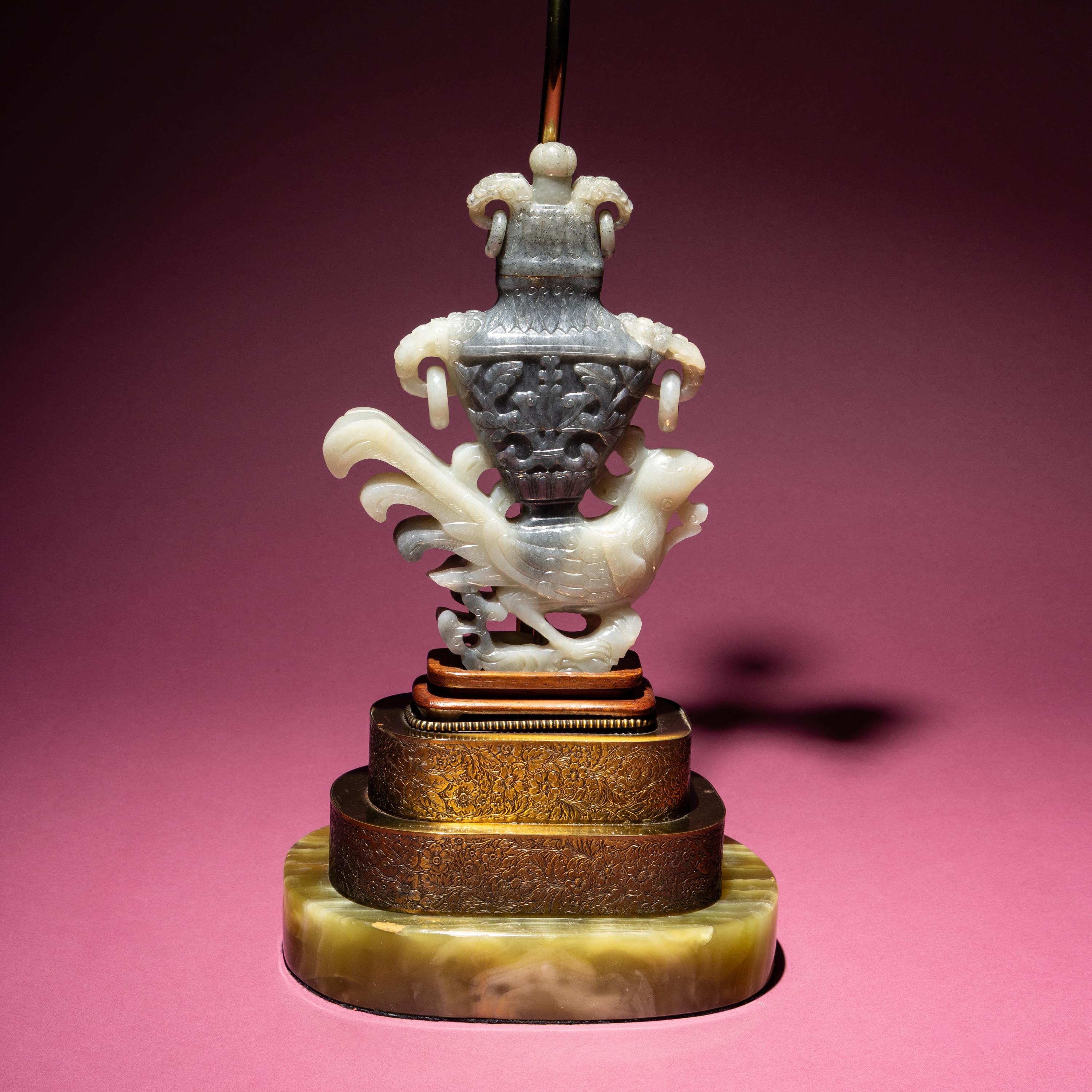A Chinese Grey and White Jade 'Phoenix' Vase, Late Qing Dynasty — 清晚期 灰白玉雕鳳凰寶瓶