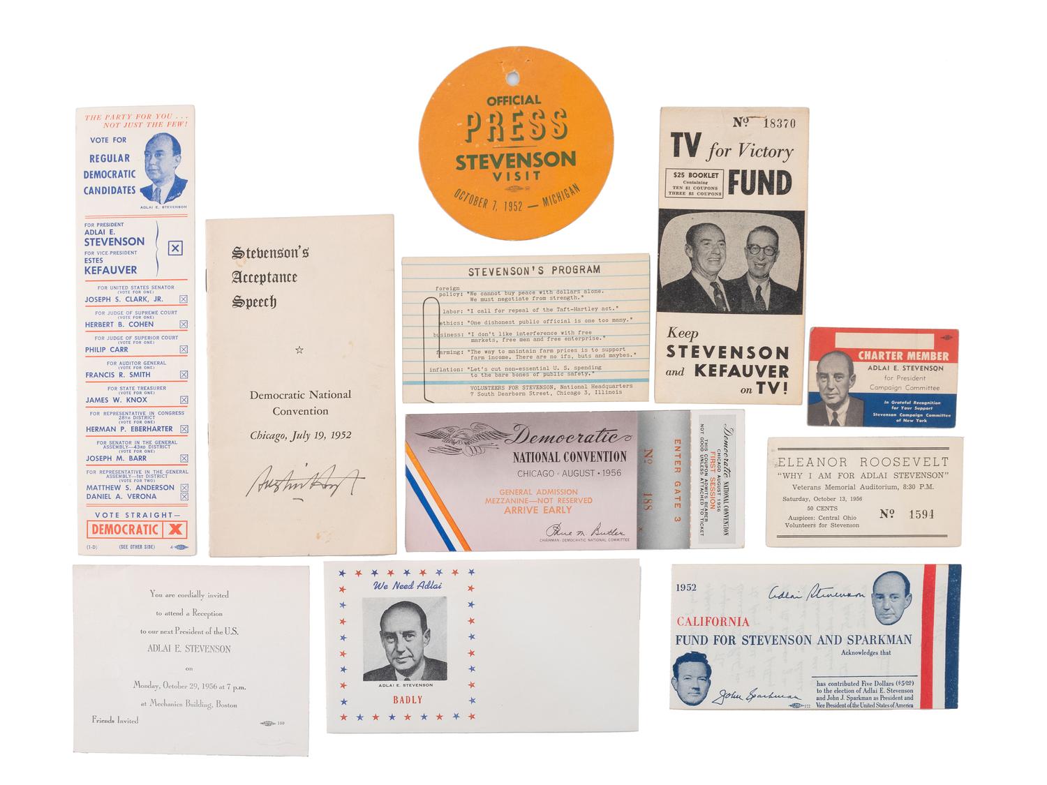 [STEVENSON, Adlai Ewing II (1900-1965)]. A group of campaign ephemera incl. a rare 1952 kerchief.