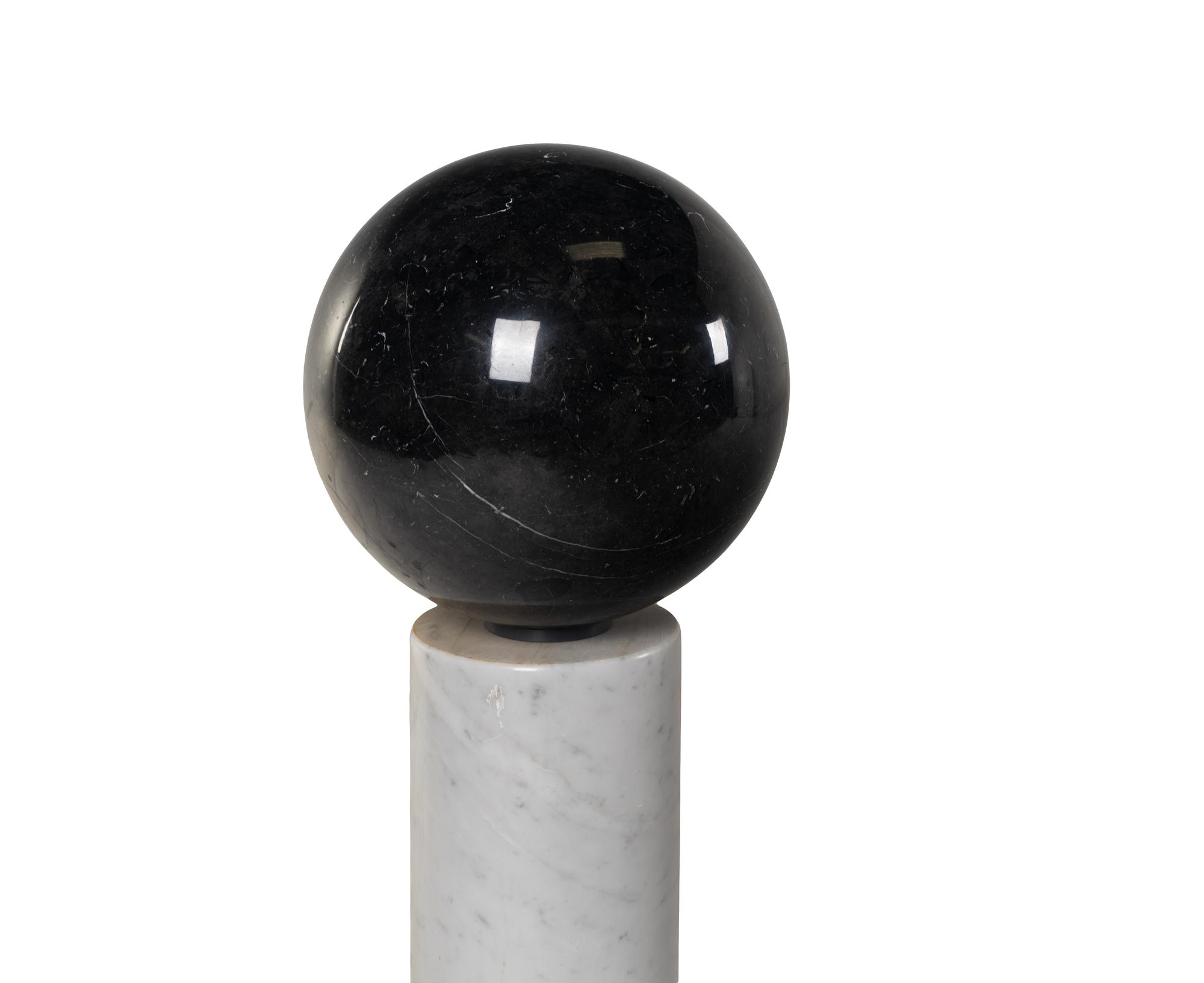 A Contemporary Marble Pedestal and Spherical Ornament