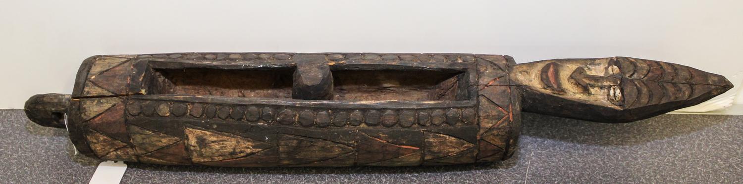 A New Guinea Tribal Polychrome and Cowry Shell Carved Wood Figure Height 24 3/4 inches. — SEPIK RIVER REGION