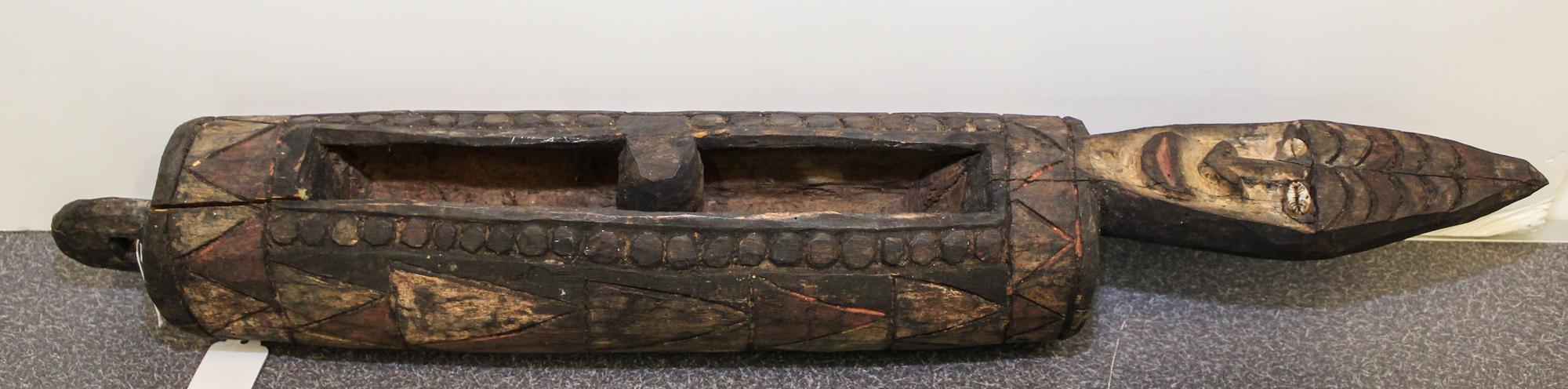 A New Guinea Tribal Polychrome and Cowry Shell Carved Wood Figure Height 24 3/4 inches. — SEPIK RIVER REGION