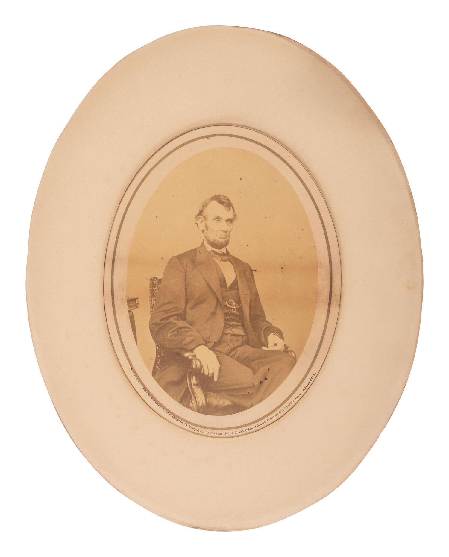 [LINCOLN, Abraham (1809-1865]. [BERGER, Anthony, photographer]. Photograph of Abraham Lincoln. Washington, DC: Brady & Co., 1865.
