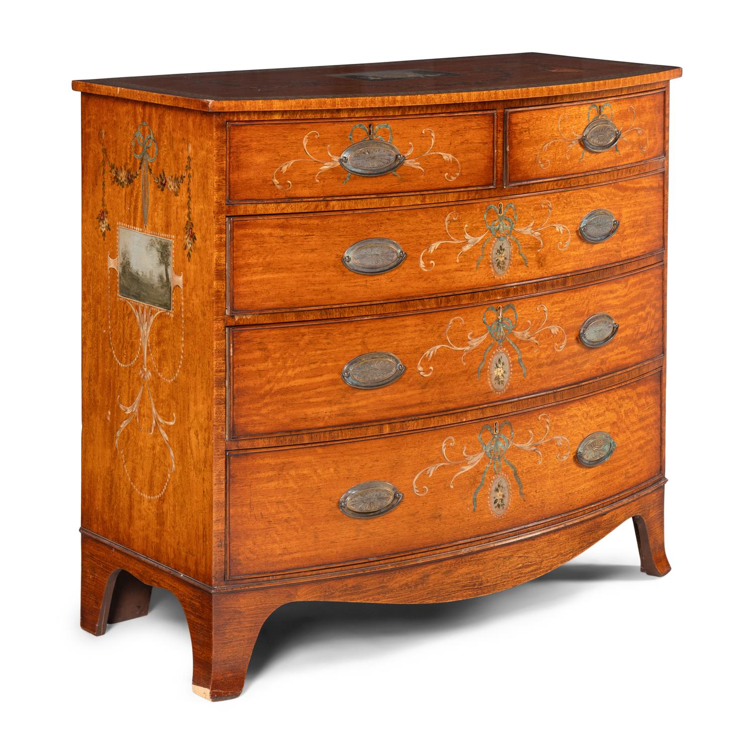 A Late George III Paint-Decorated Mahogany Bow-Front Chest of Drawers