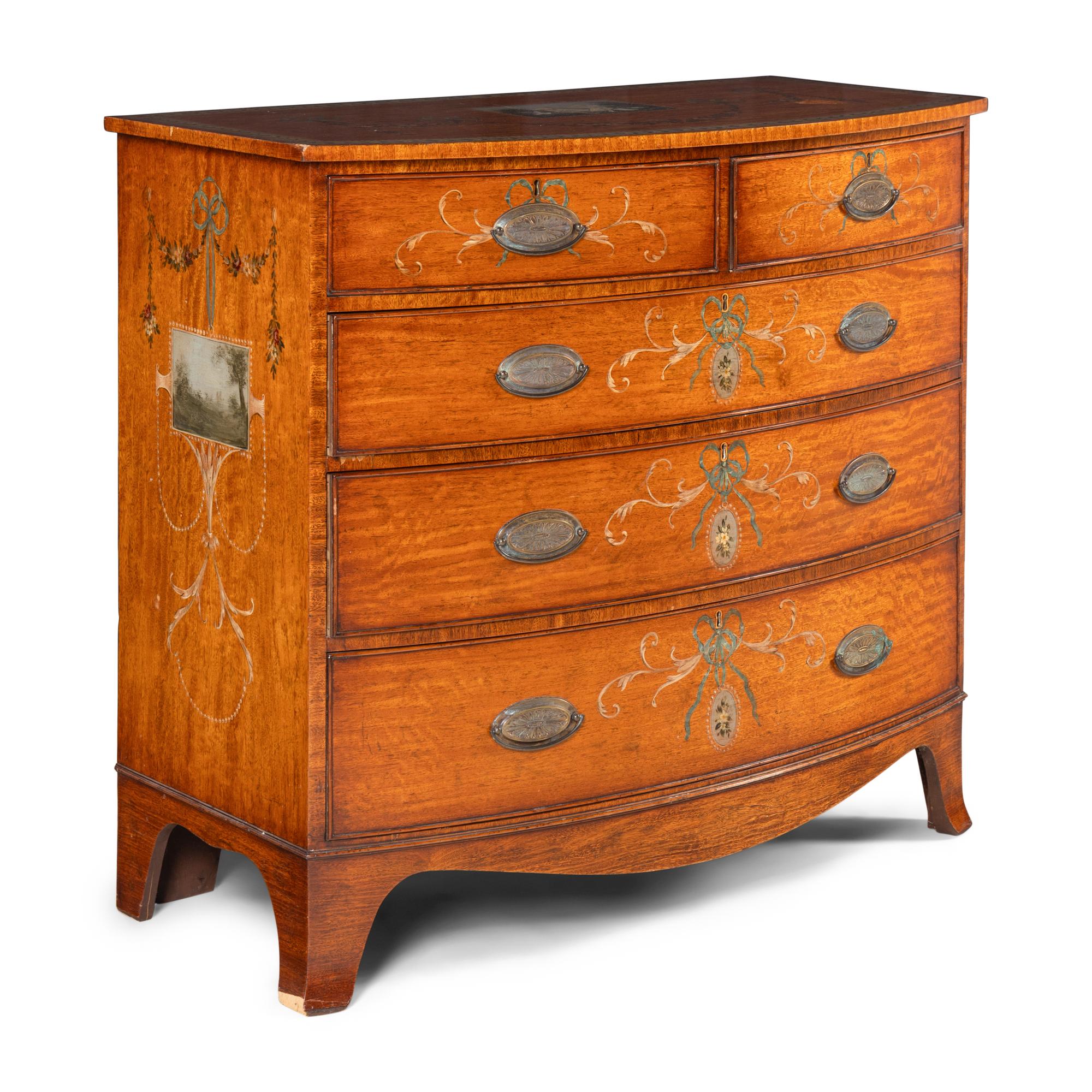 A Late George III Paint-Decorated Mahogany Bow-Front Chest of Drawers
