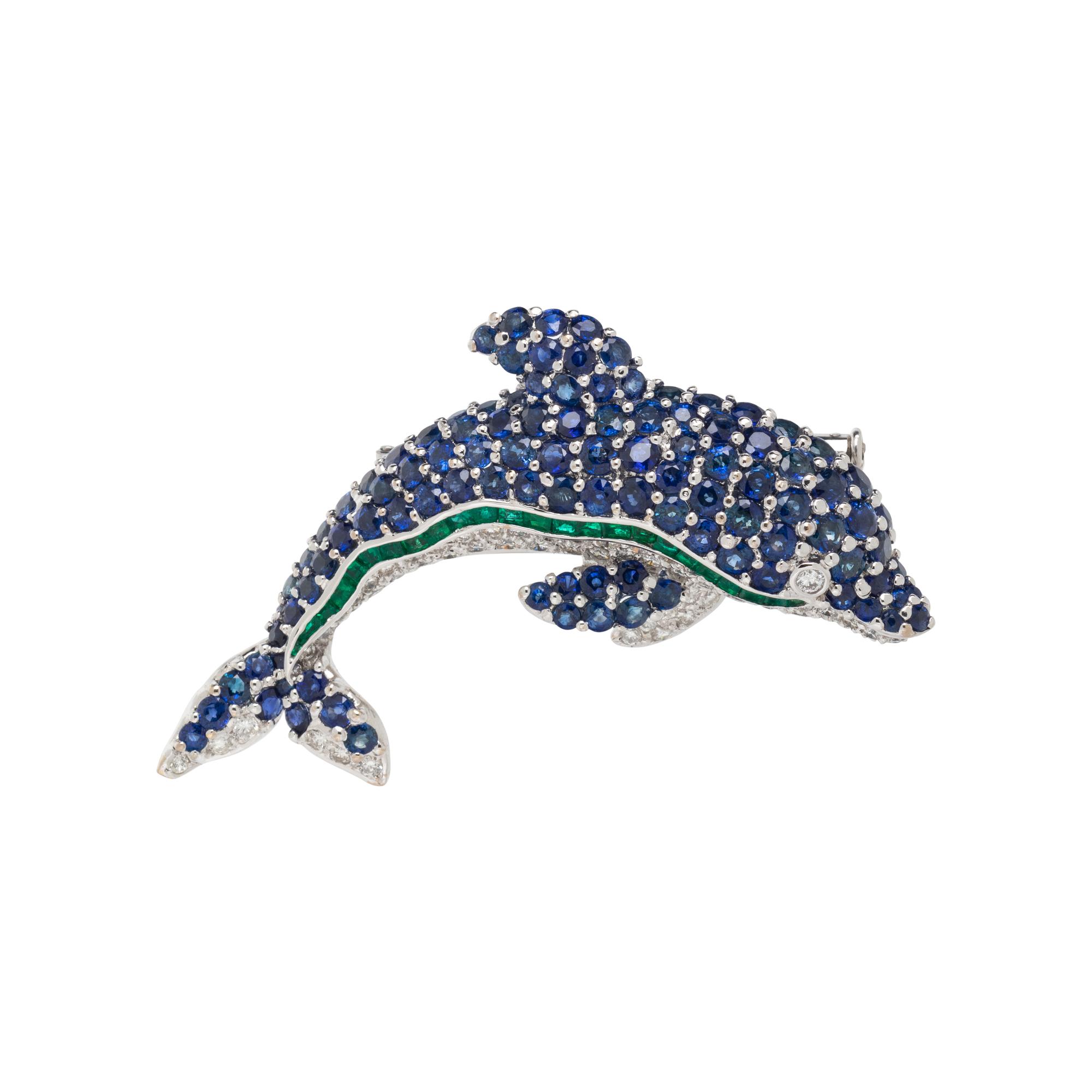 SAPPHIRE, EMERALD, AND DIAMOND DOLPHIN BROOCH