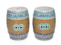 A Pair of Chinese Famille Rose Porcelain Garden Stools Height 18 1/4 inches. — LATE 19TH/20TH CENTURY
