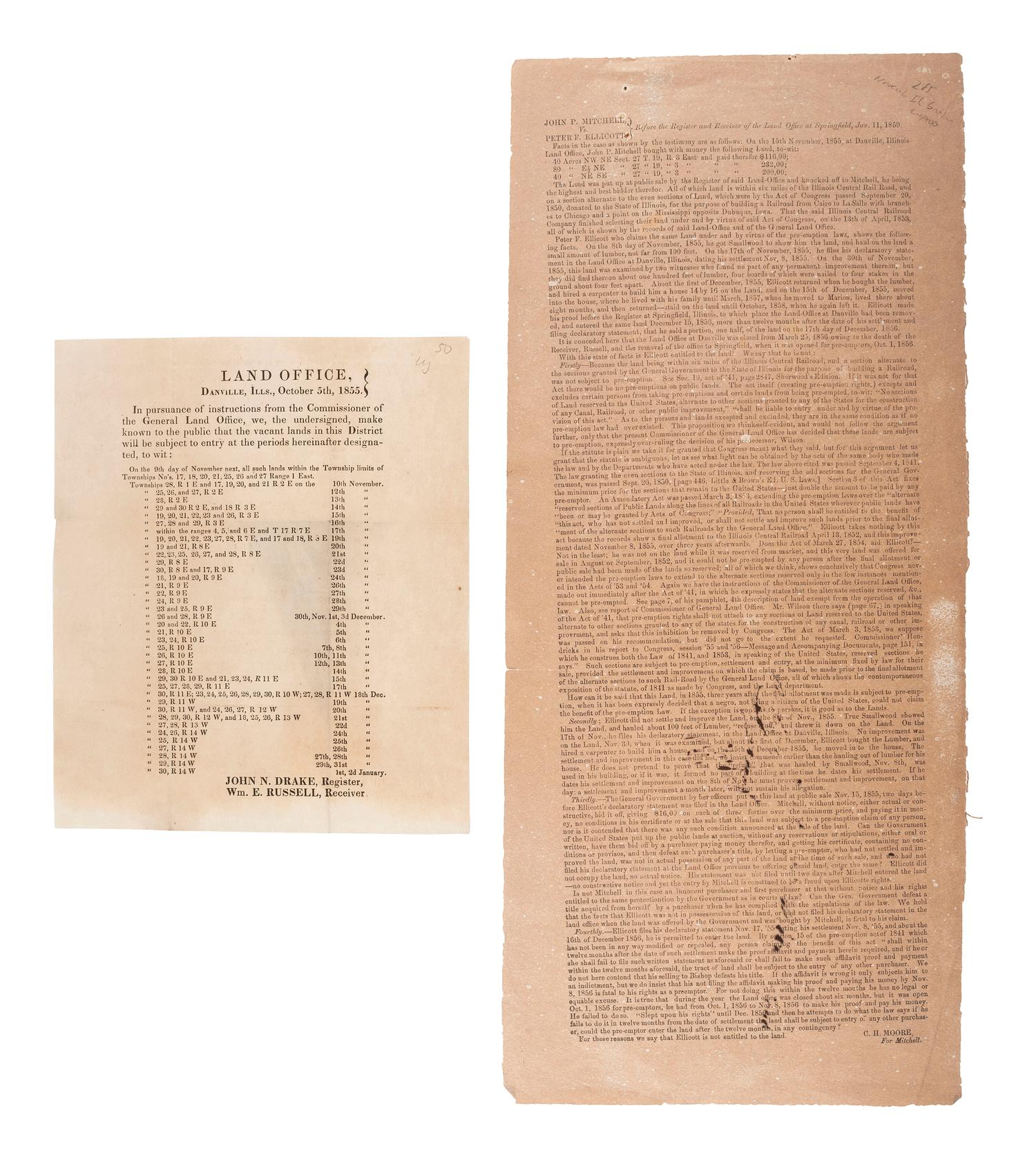 [ILLINOIS]. A group of 5 early Illinois land sale broadsides, comprising: